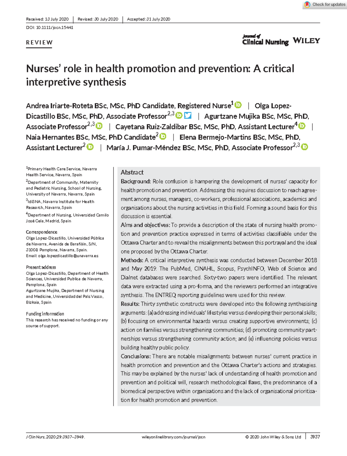 Journal of Clinical Nursing - 2020 - Iriarte‐Roteta - Nurses role in ...