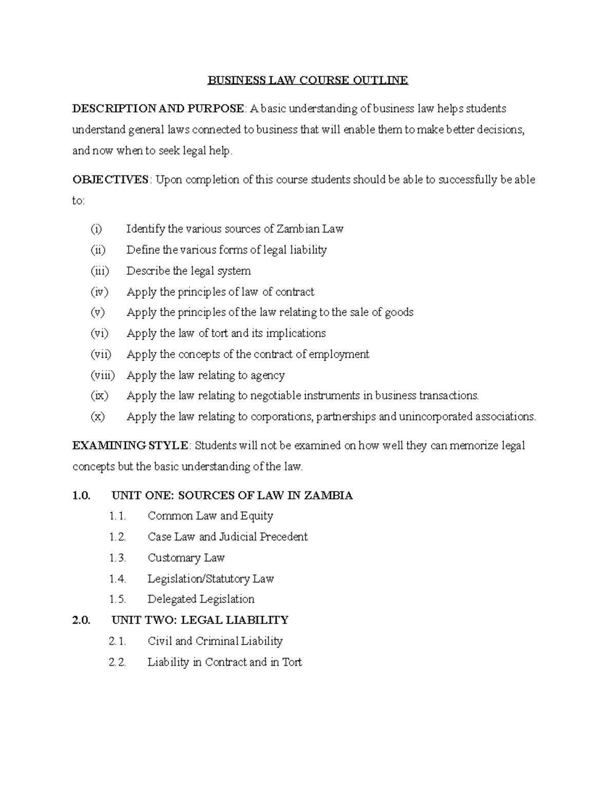 Business LAW Course Outline DBAMarketing BUSINESS LAW COURSE OUTLINE