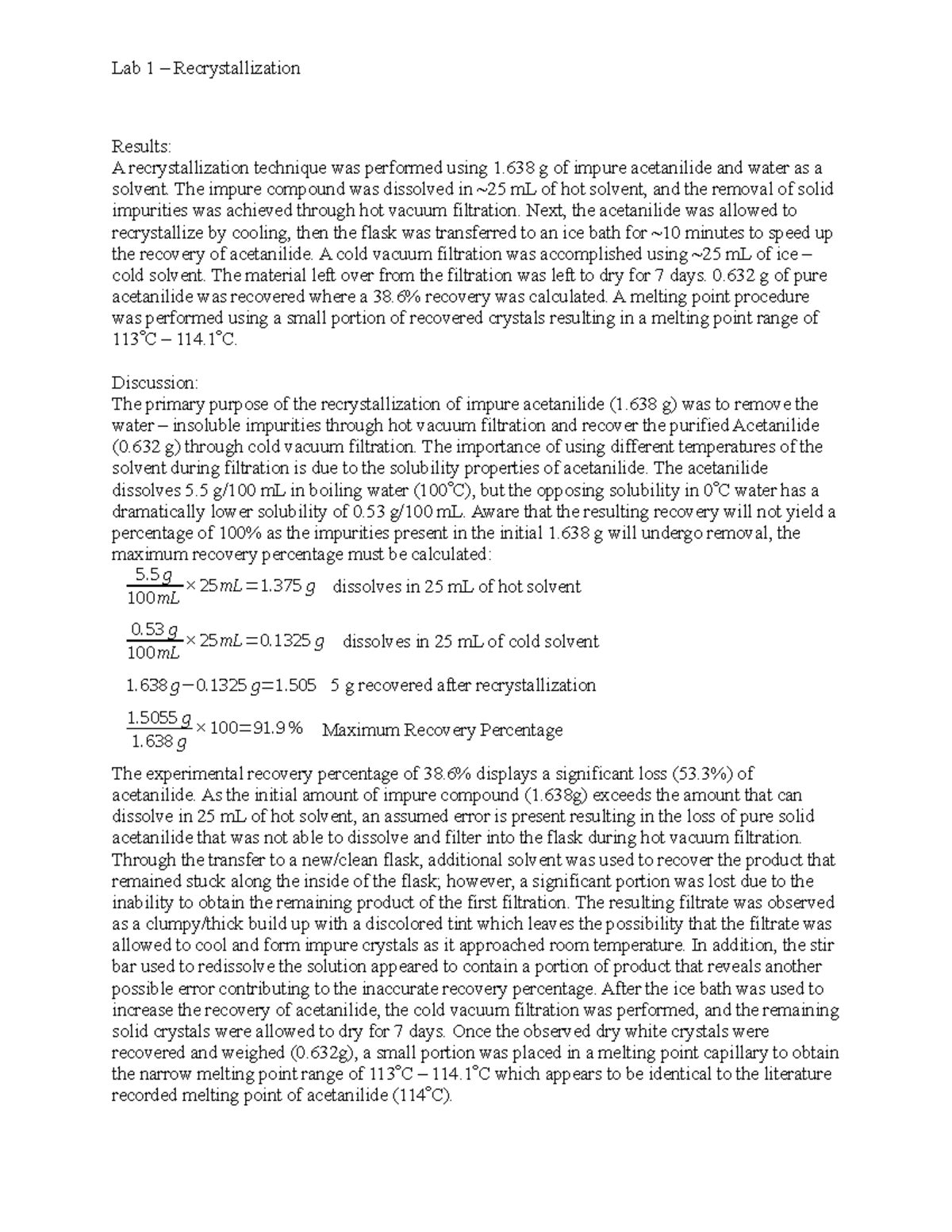 Recrystallization Experiment - Report - Lab 1 – Recrystallization ...