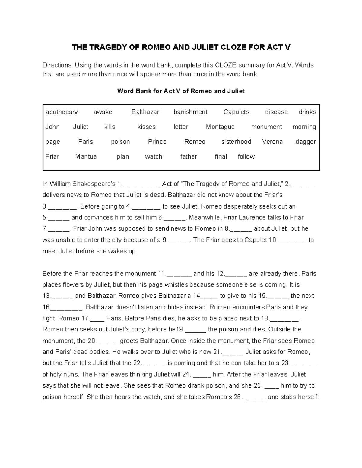 Cloze ACT V - THE TRAGEDY OF ROMEO AND JULIET CLOZE FOR ACT V ...