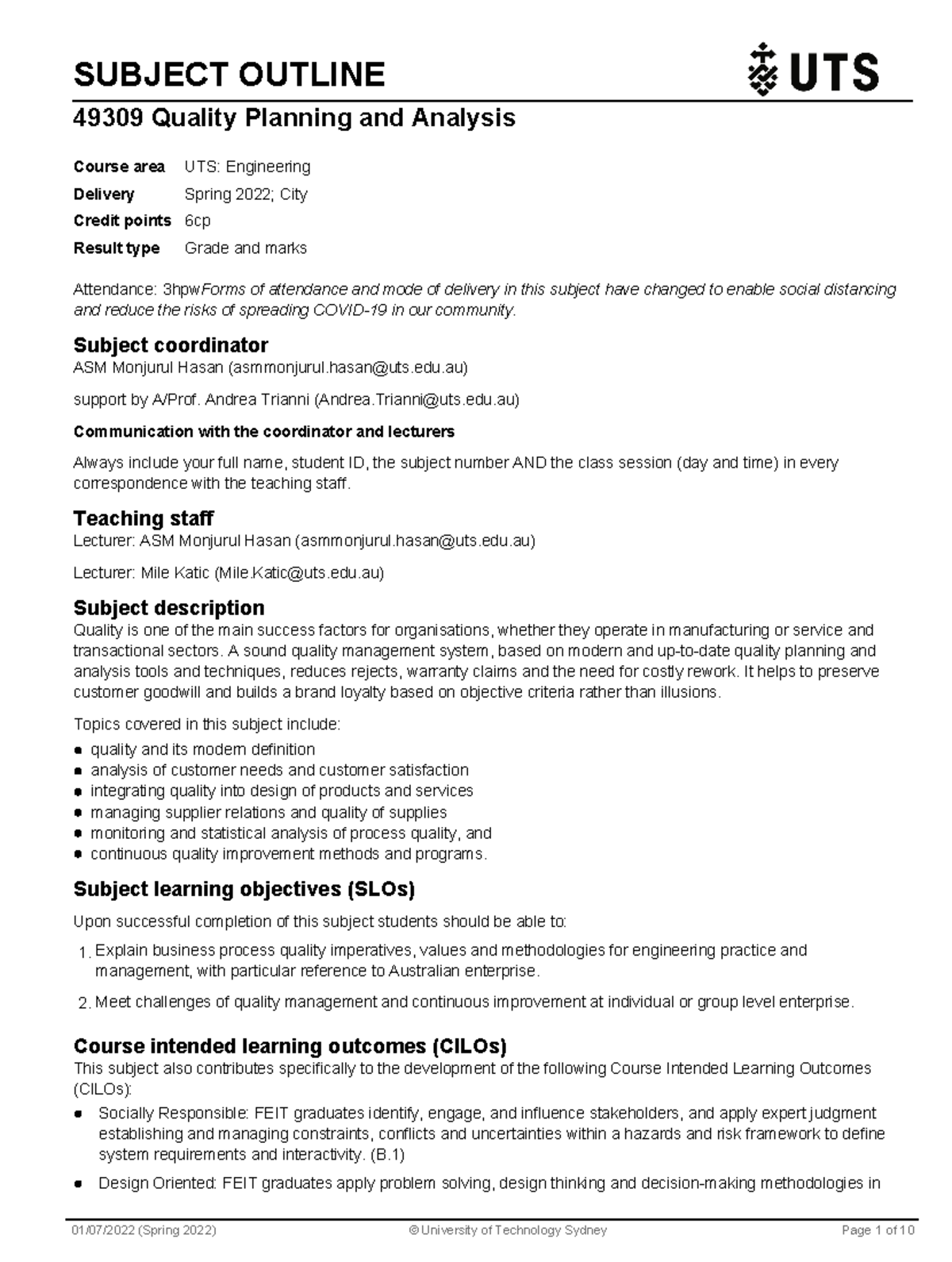 QPA Subject Outline - SUBJECT OUTLINE 49309 Quality Planning and ...