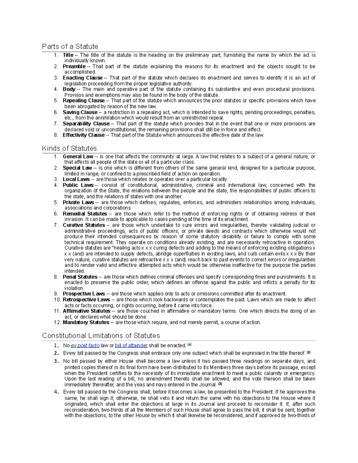 Parts of a Statute Parts of a Statute Title The title of the