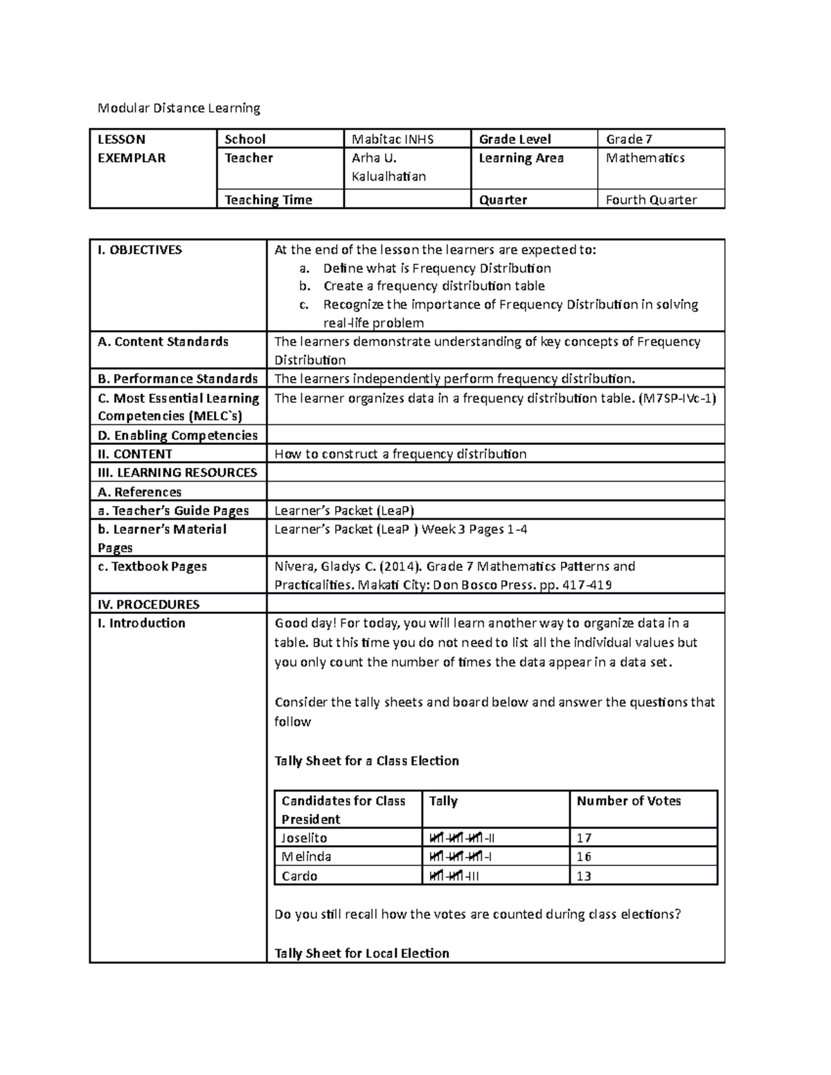 Frequency Distribution L.E - Modular Distance Learning LESSON EXEMPLAR ...