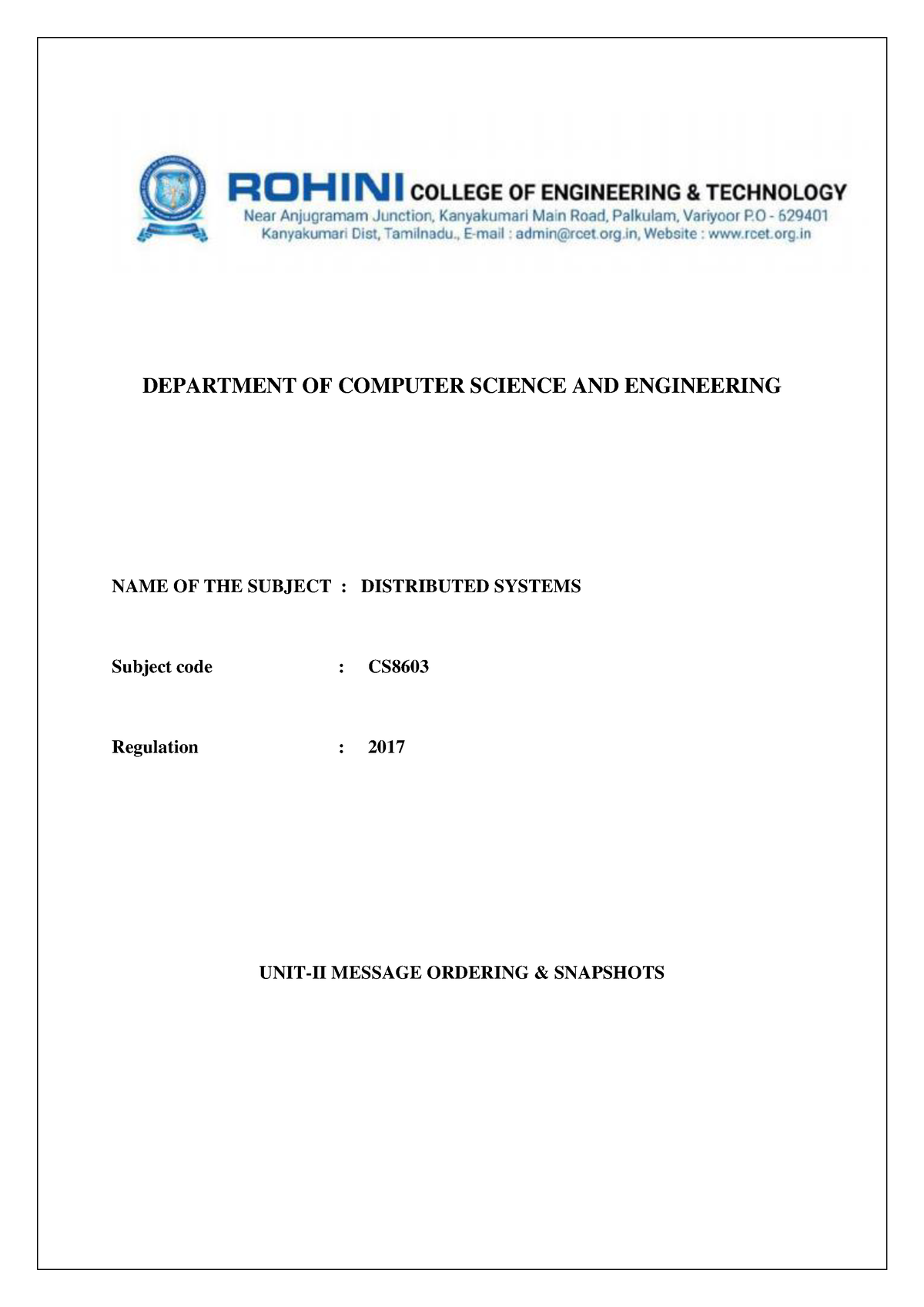 CS8603 U.II - Distributed Systems - DEPARTMENT OF COMPUTER SCIENCE AND ...