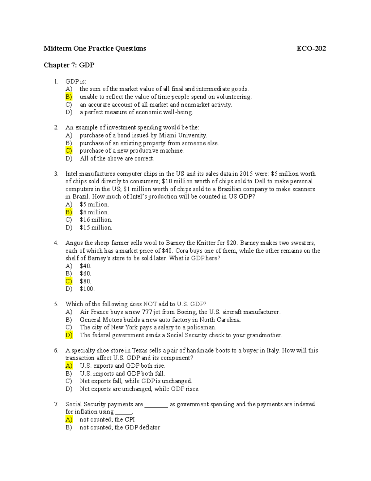 Midterm 1 Practice Multiple Choice Answers - Midterm One Practice ...