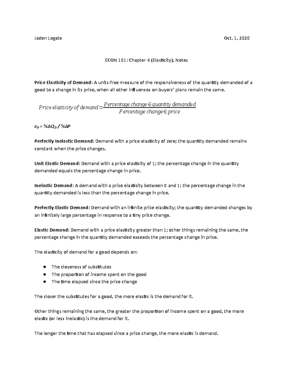 ECON 101 Chapter 4 (Elasticity), Notes - Jaden Legate Oct. 1, 2020 ECON ...