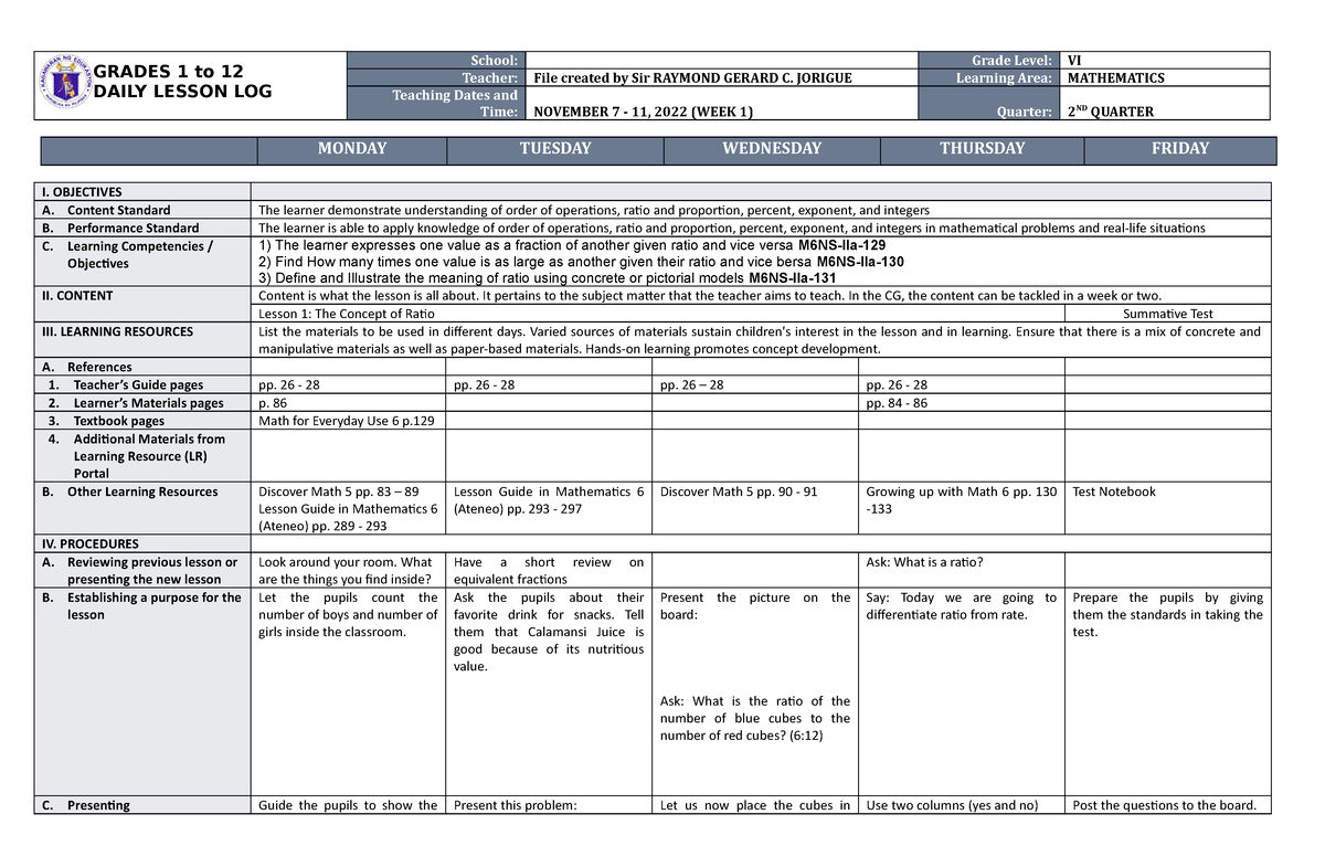 DLL MATH 6 Q2 W1 - DLL MATH 6 Q2 W1 - GRADES 1 To 12 DAILY LESSON LOG ...