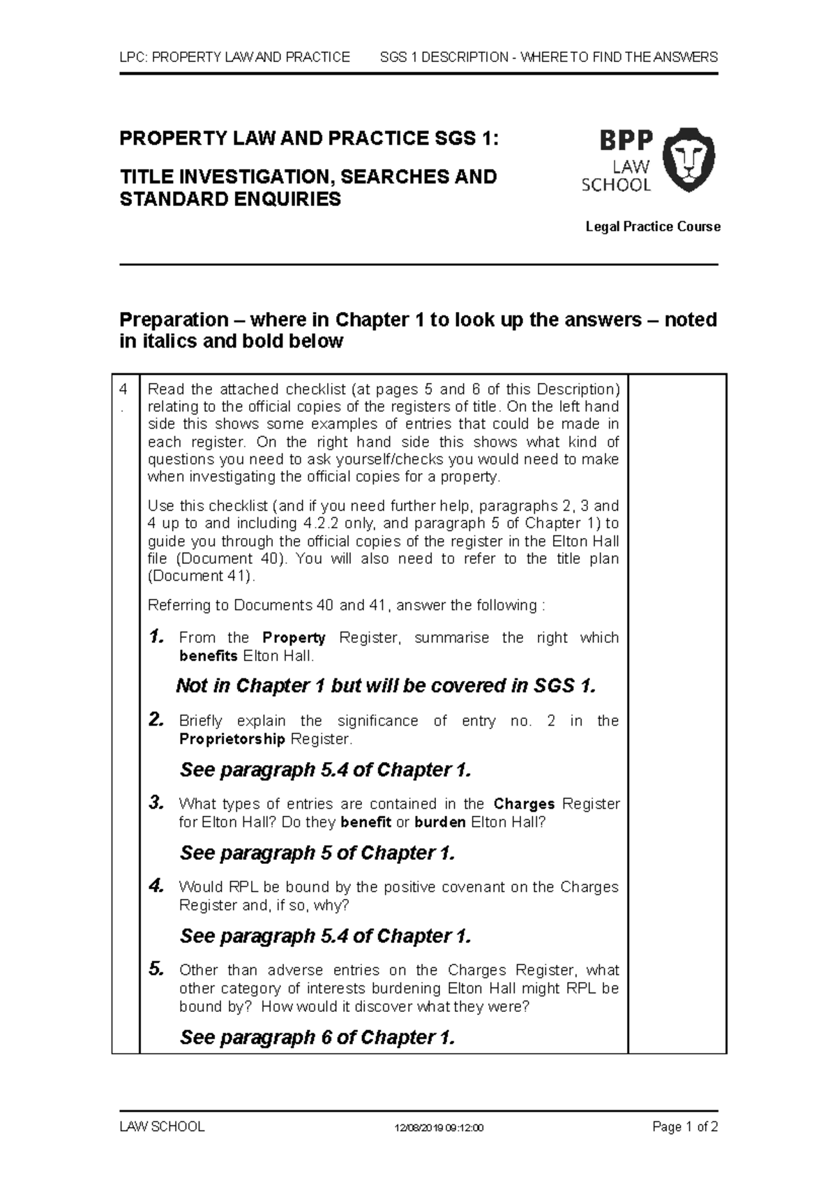 Where in Chapter 1 to find answers to preSGS questions LPC PROPERTY