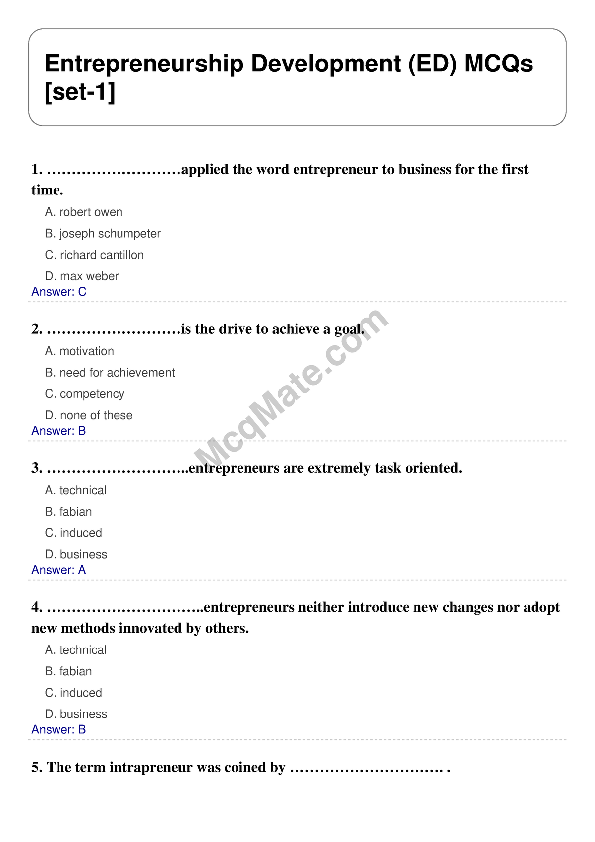 mcq on business plan in entrepreneurship