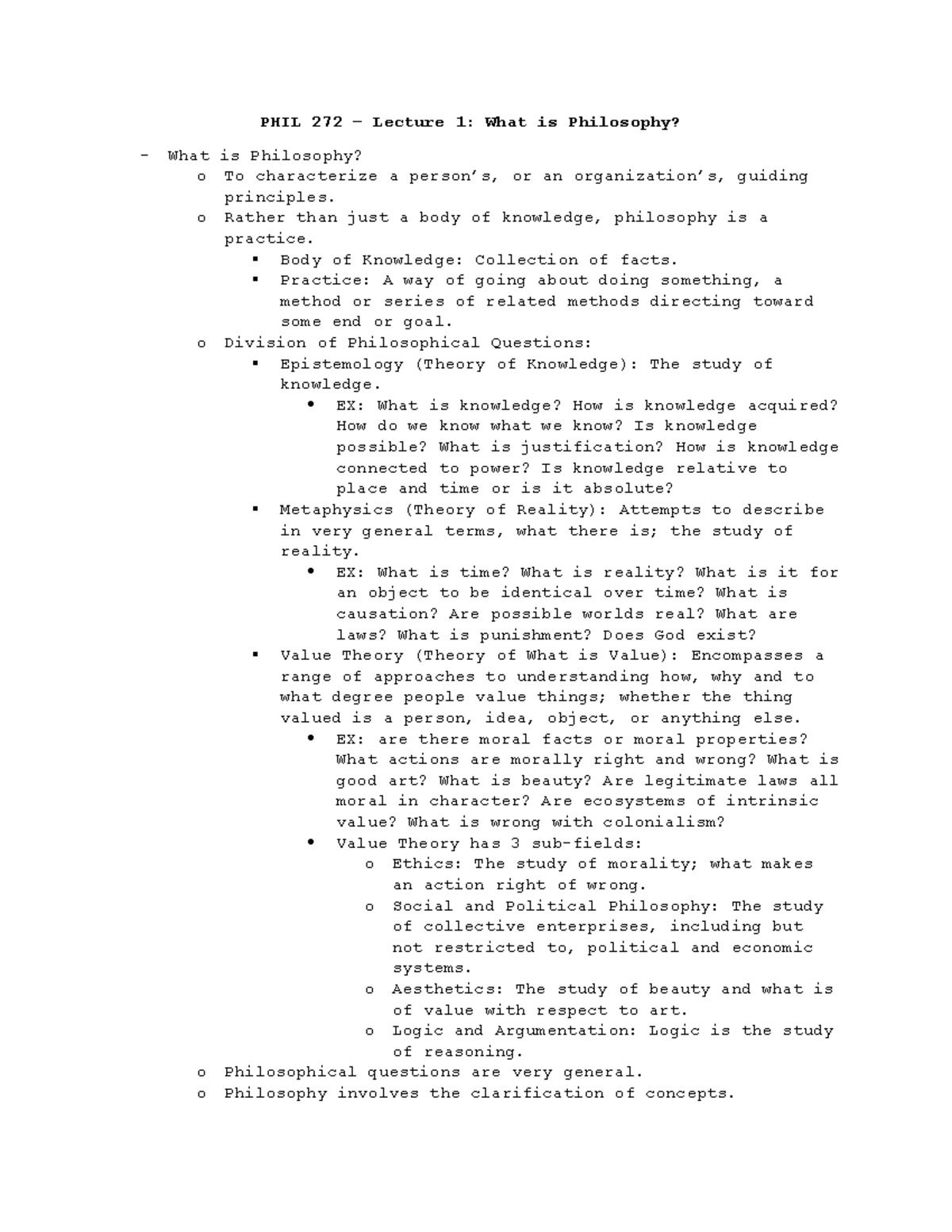 PHIL 272 What Is Philosophy PHIL 272 Lecture 1 What Is