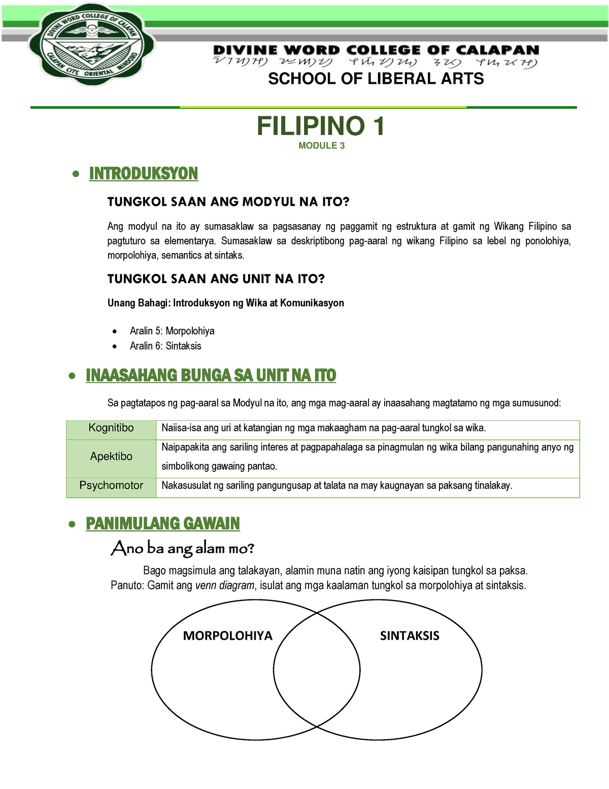 Filipino Module 3 - FILIPINO 1 MODULE 3 • INTRODUKSYON TUNGKOL SAAN ANG ...