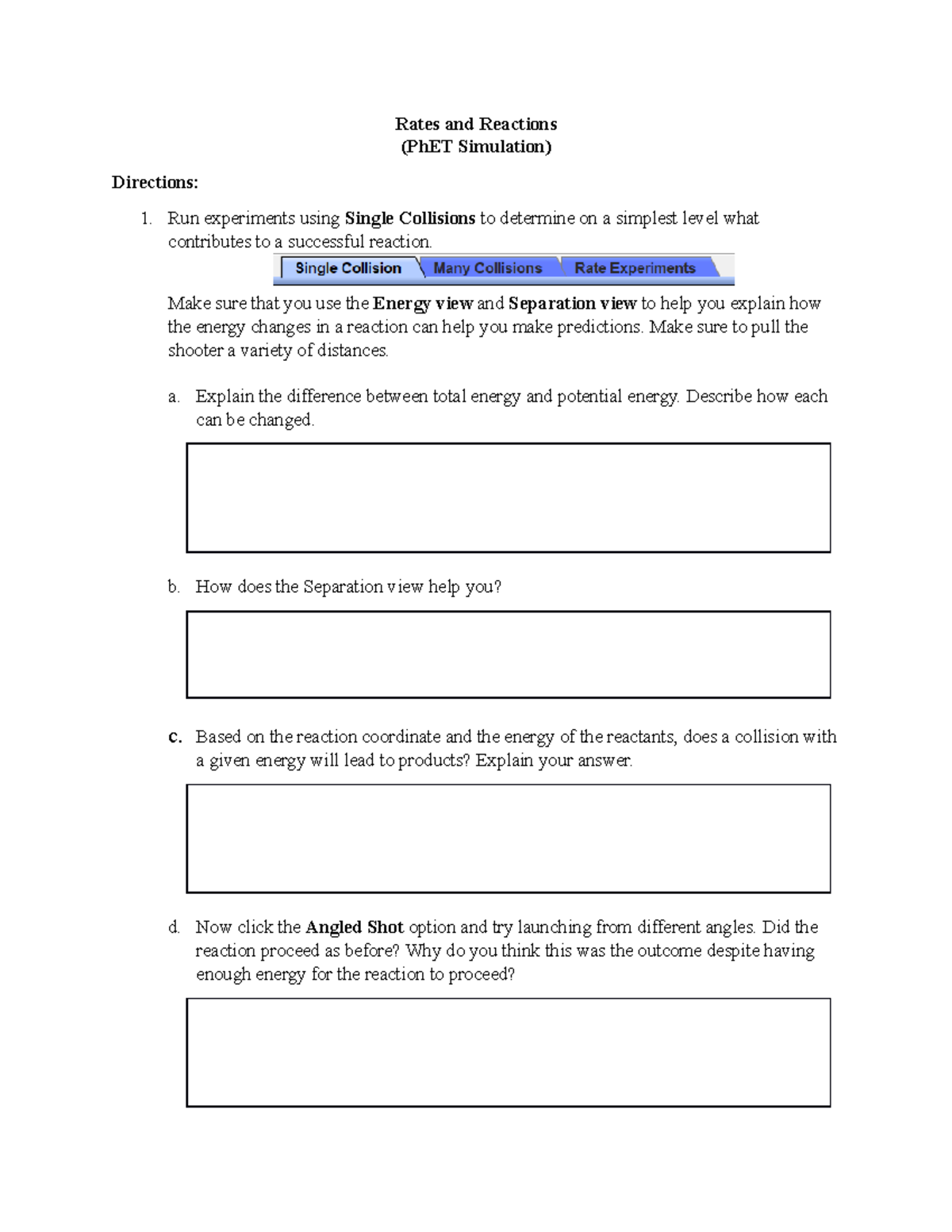 Rates And Reactions Activity Sheet - Rates And Reactions (PhET ...