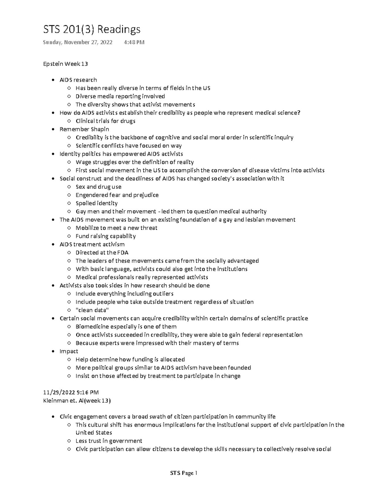 STS 201(3) Readings - Epstein Week 13 AIDS research Has been really ...