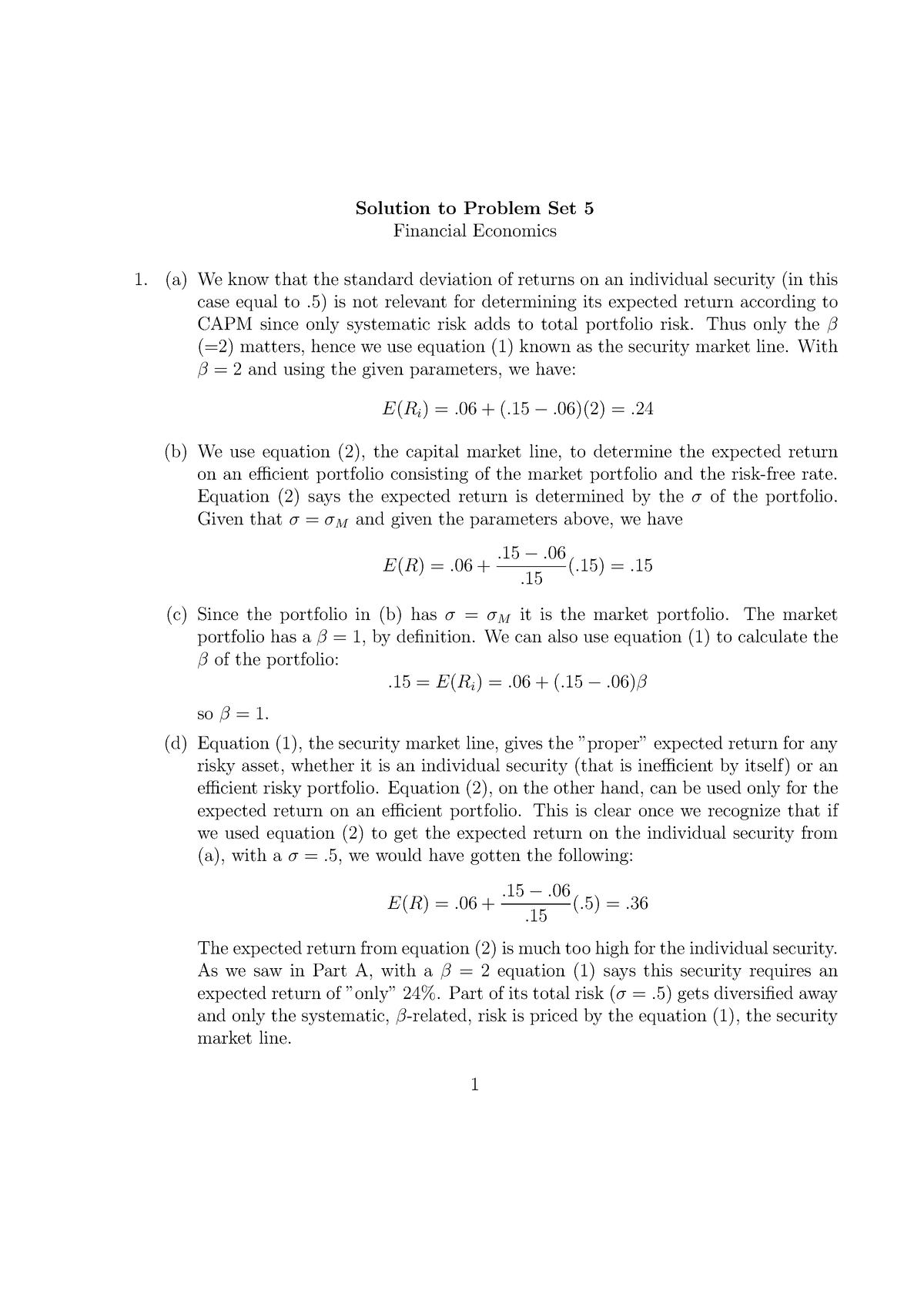 Solution Problem Set 5 Solution To Problem Set 5 Financial Economics A We Know That The 7489