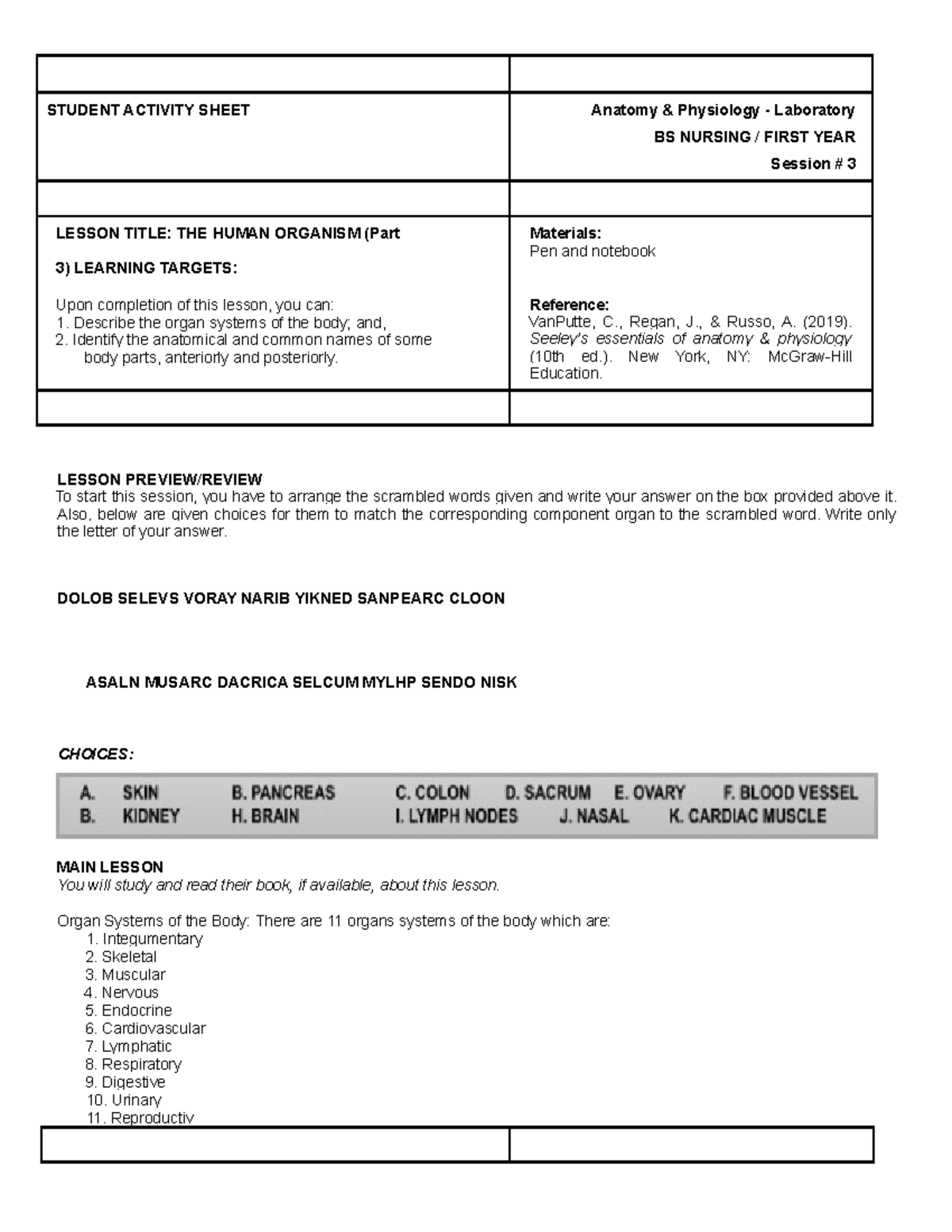 Session #3 SAS - Ana Phy (Lab) - STUDENT ACTIVITY SHEET Anatomy ...