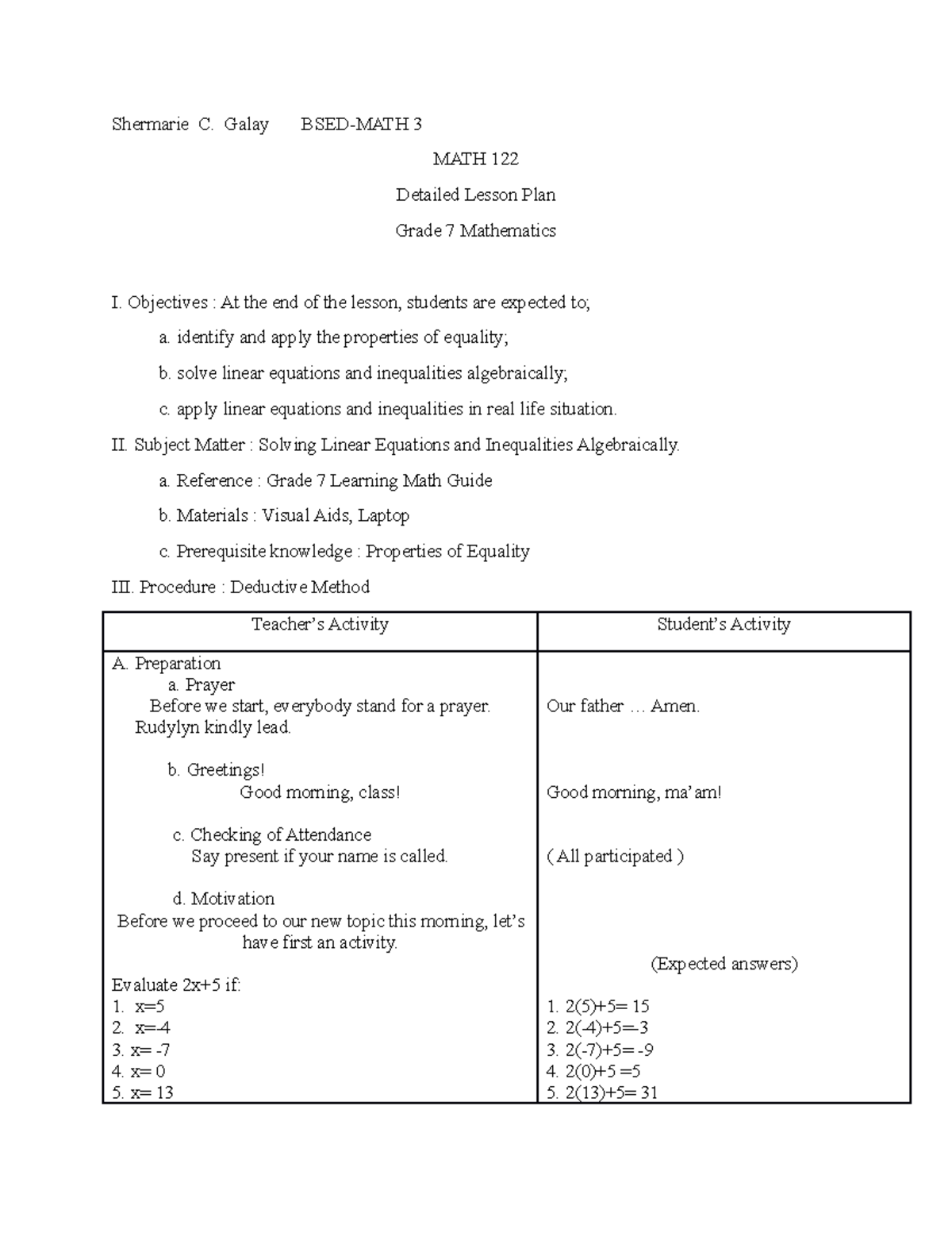 Detailed Lesson Plan - Shermarie C. Galay BSED-MATH 3 MATH 122 Detailed ...