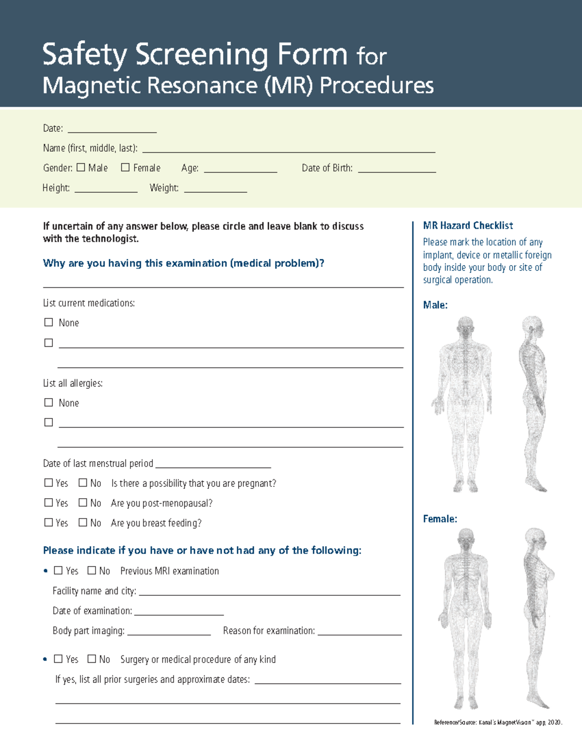 MRI Safety Screening Form (ACR) Safety Screening Form for