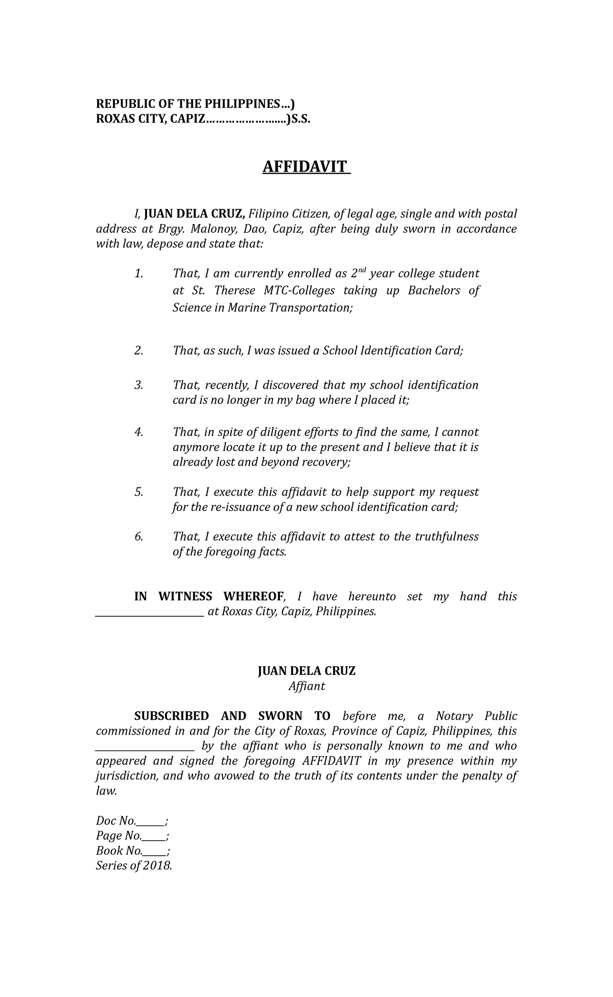 Example Of Affidavit Of Loss School Id