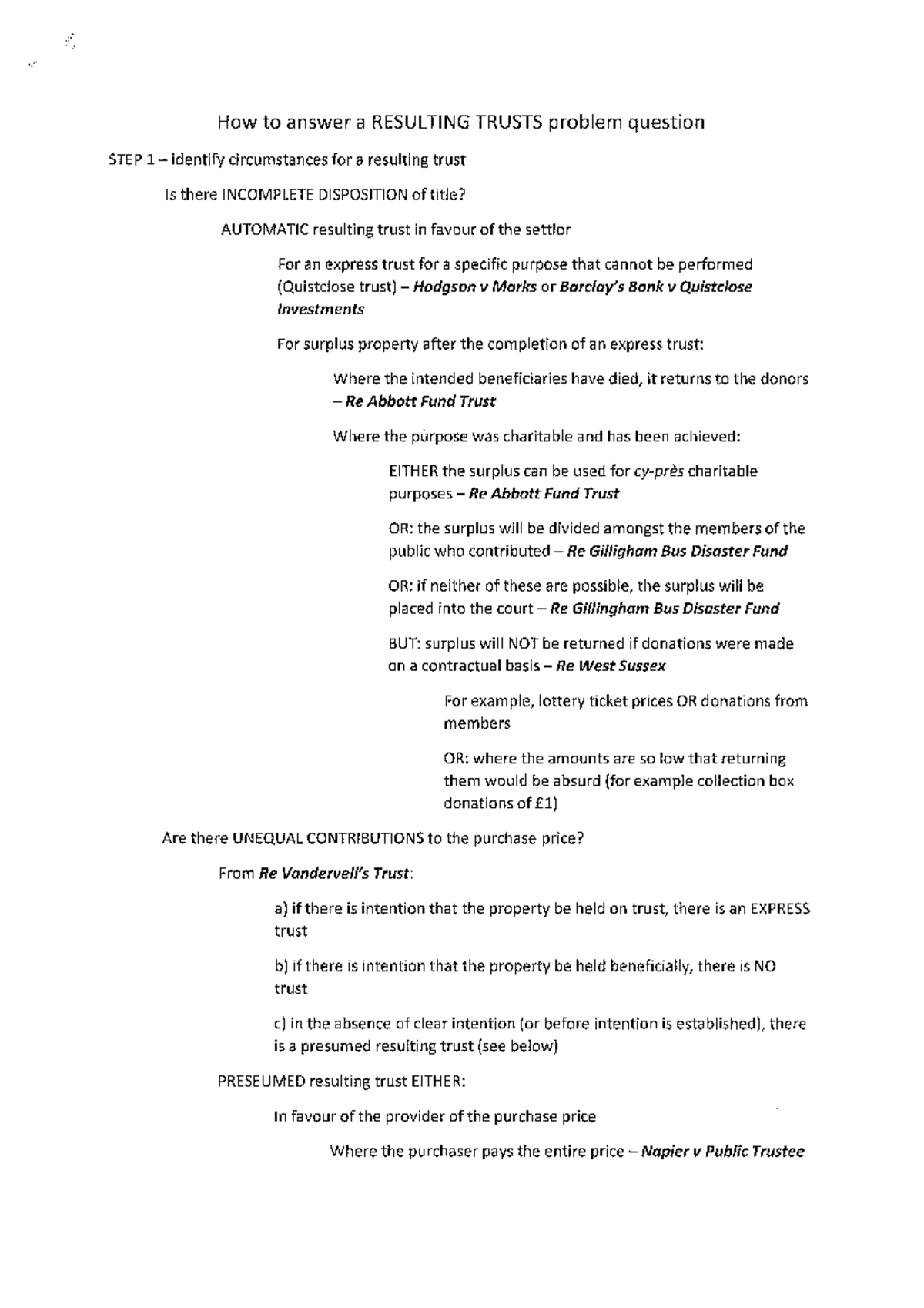 Resulting Trusts Notes - How to answer a RESULTING TRUSTS problem ...