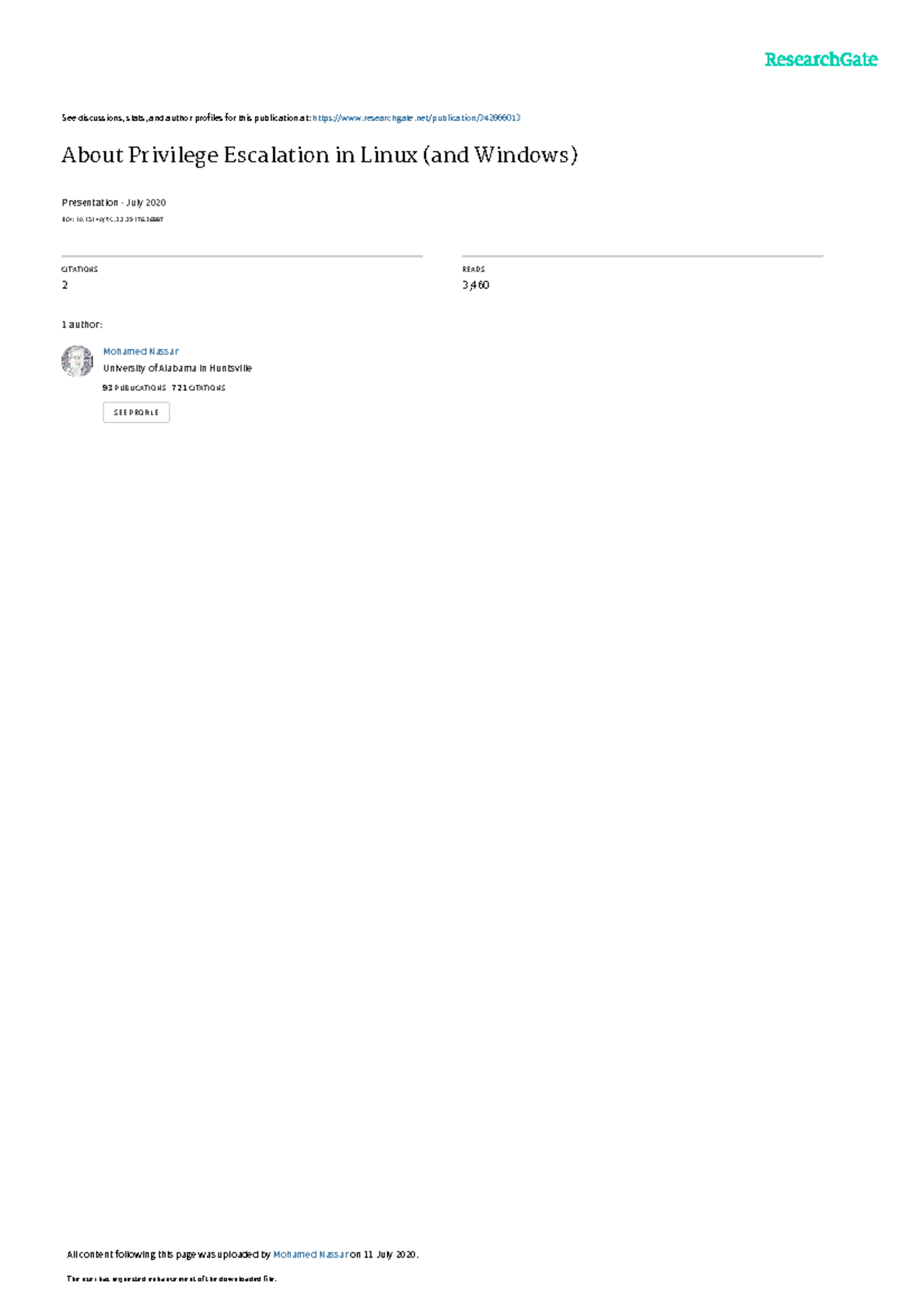 Privilege Escalation in Linux 13140/RG.2.2. CITATIONS 2 READS 3, 1