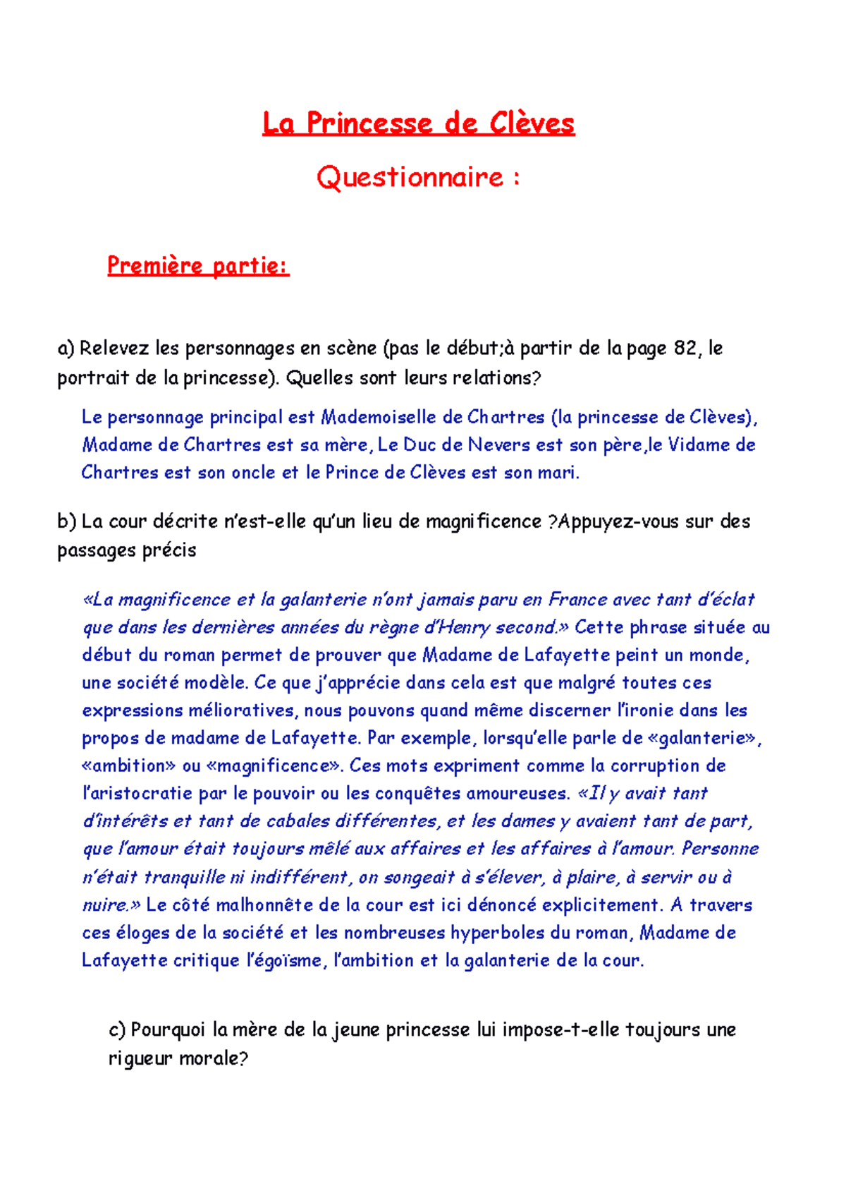 Controle De Lecture La Princesse De Cleves Questionnaire sur la princesse de clèves de tamara - La Princesse de Clèves  Questionnaire : Première - Studocu