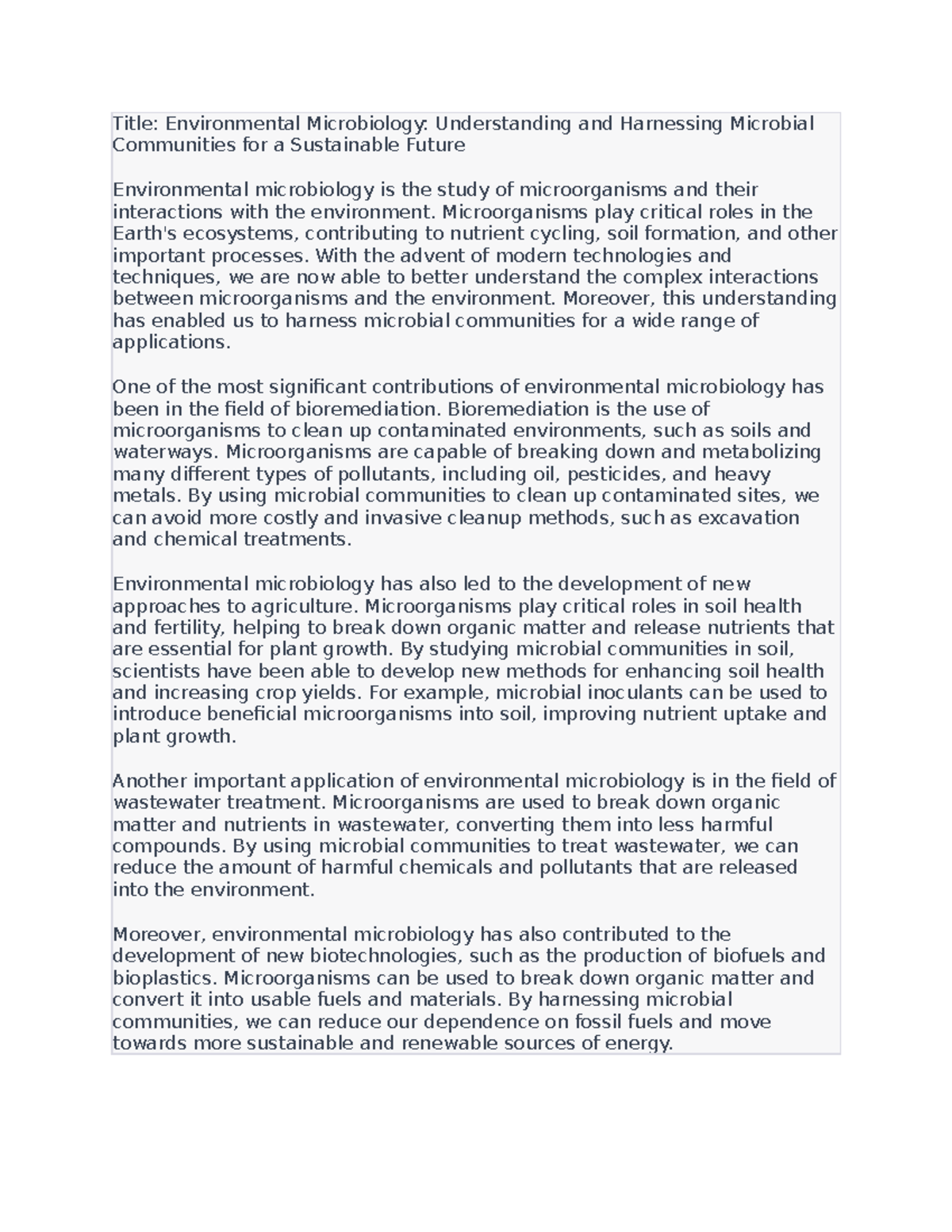 Environmental Microbiology - Understanding and Harnessing Microbial ...