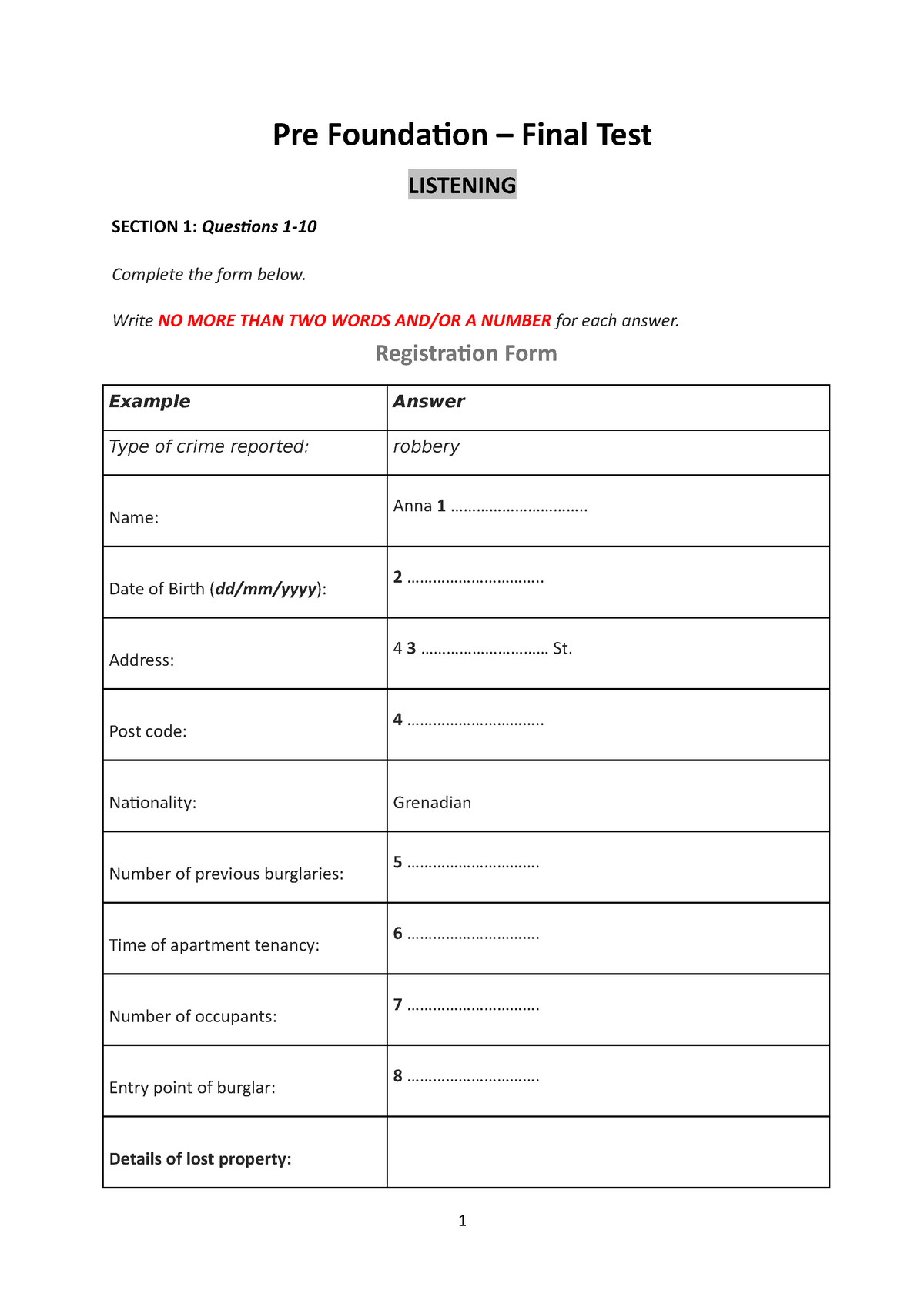 Pre Foundation Final Test (R+L+W) Pre Foundation Final Test