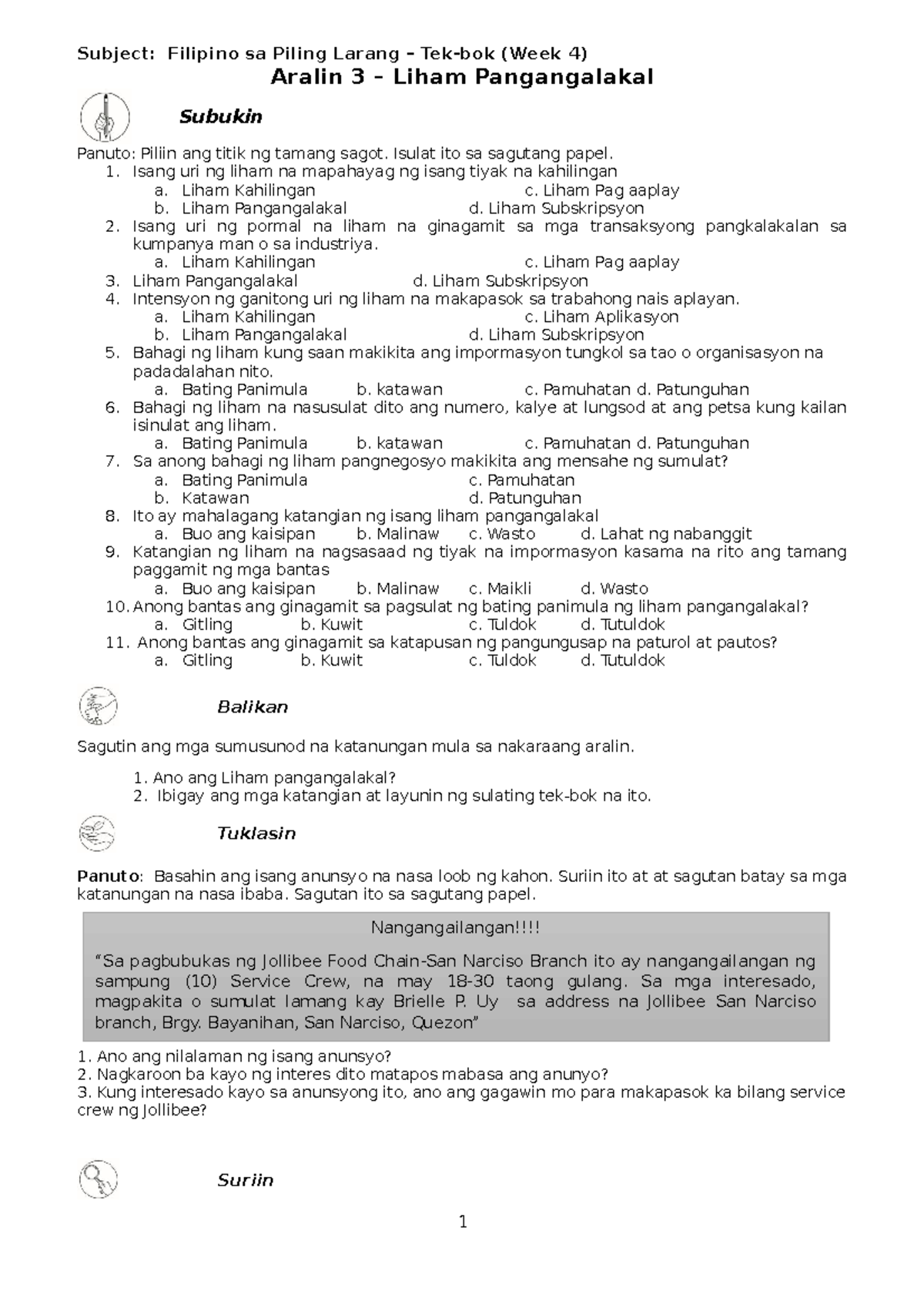 W4 - Hope Can Help - Subject: Filipino Sa Piling Larang – Tek-bok (Week ...