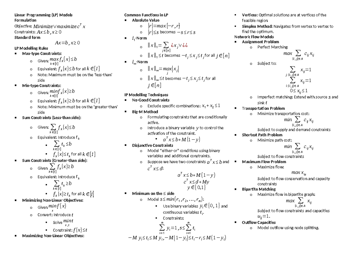 Qbus2310 Notes A4 Cheatsheet - Linear Programming (lp) Models 