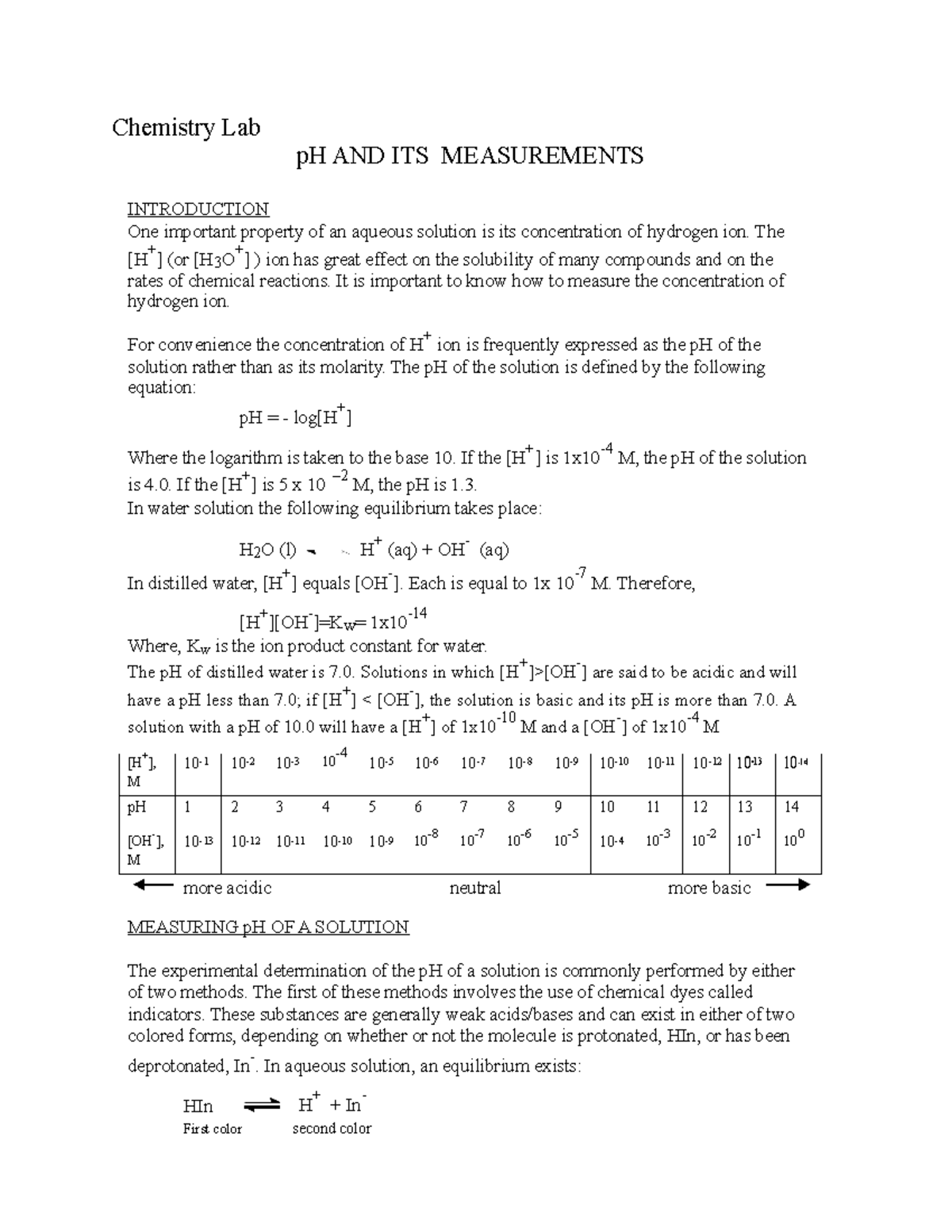 PHM This is coursework for General Chemistry Lab. Chemistry Lab pH