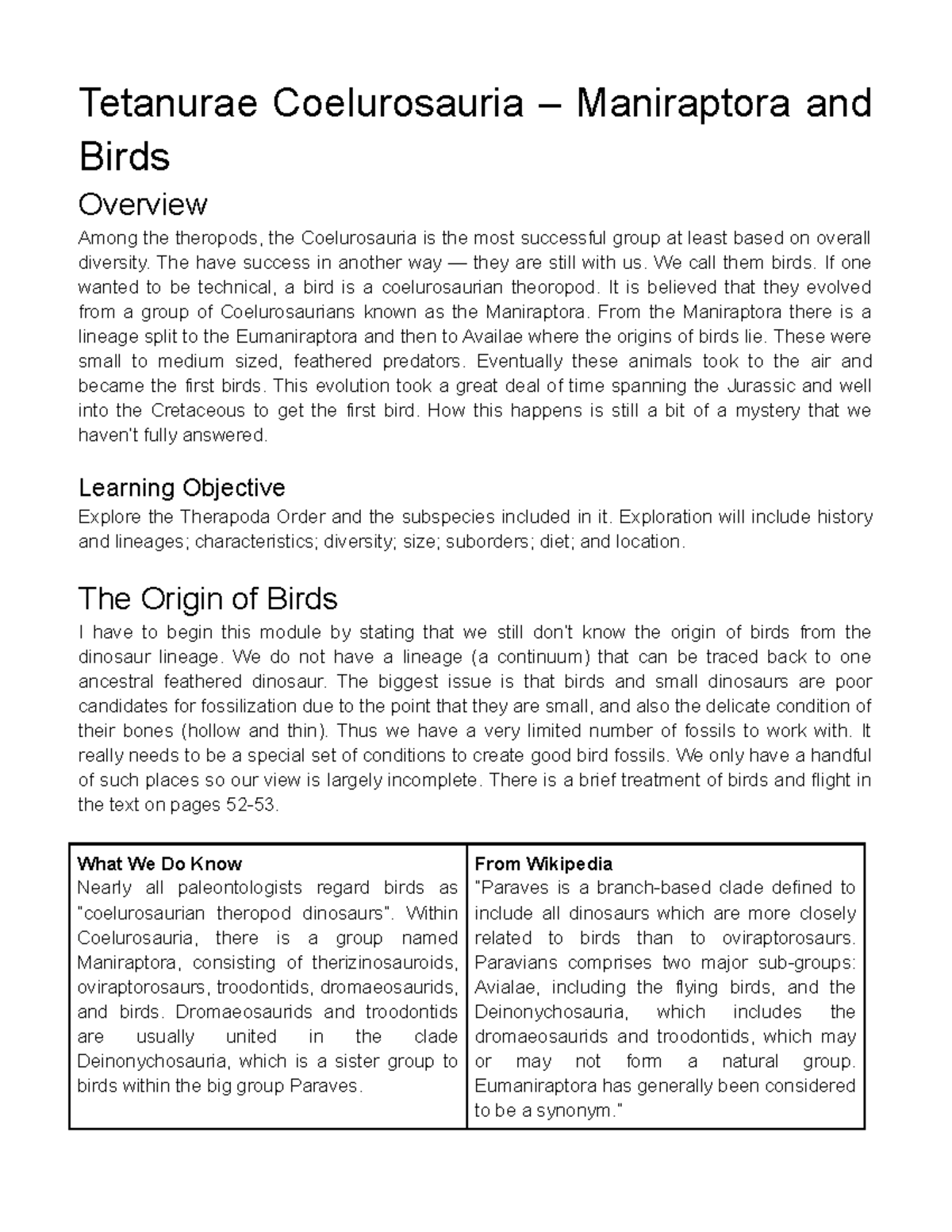 Tetanurae Coelurosauria – Maniraptora and Birds - Tetanurae ...