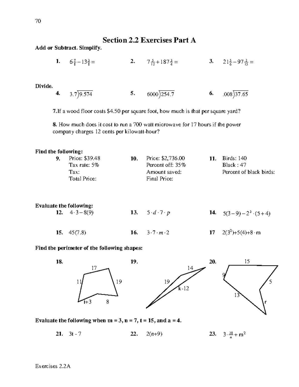 Exercises 2-2A - 70 Exercises 2 Section 2 Exercises Part A Add or ...