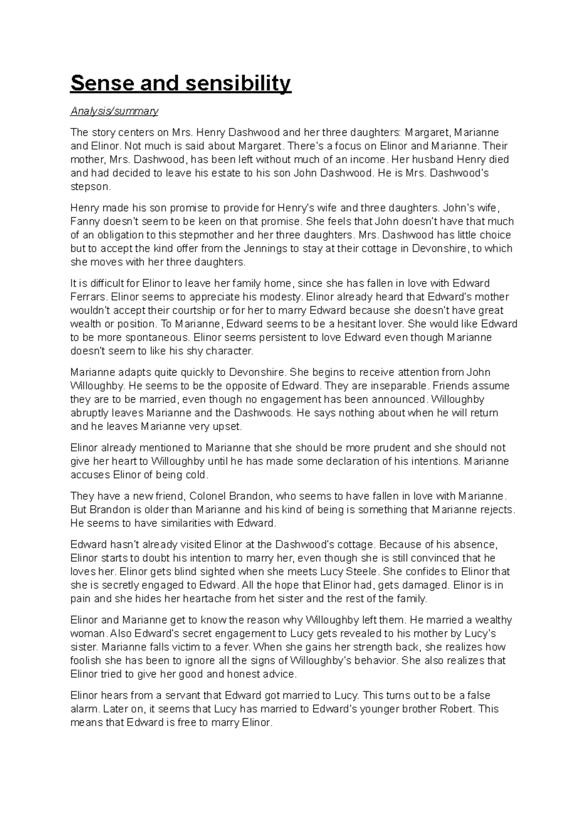 Sense and sensibility Analysis mandatory literature Sense and