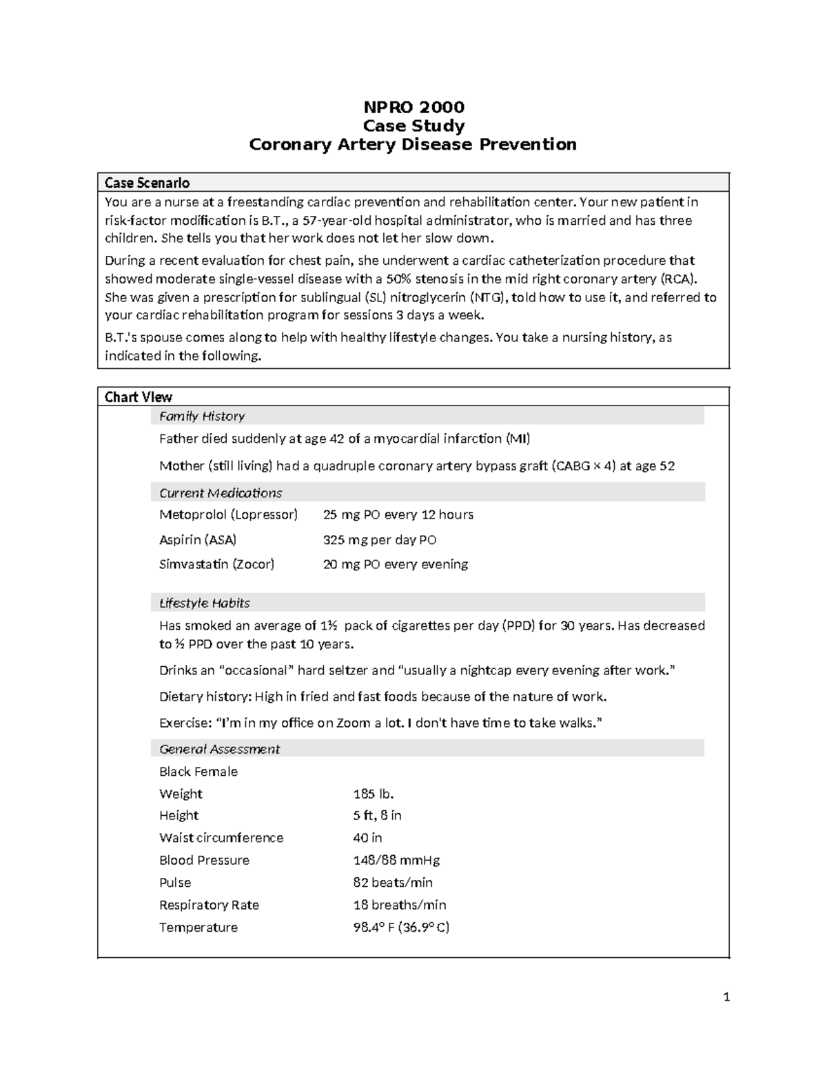Case Study CAD Prevent Angina Meds - NPRO 2000 Case Study Coronary ...