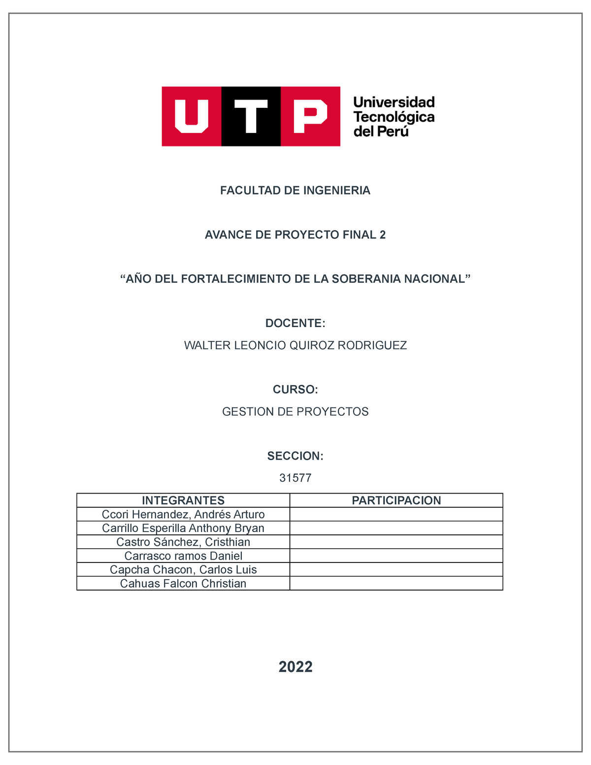 Acv S10 Avance De Proyecto 2 Facultad De Ingenieria Avance De Proyecto Final 2 “aÑo Del 7370