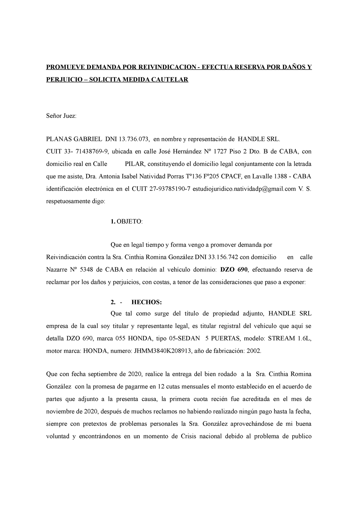 275 Demanda Reivindicacion BIEN - PROMUEVE DEMANDA POR REIVINDICACION ...