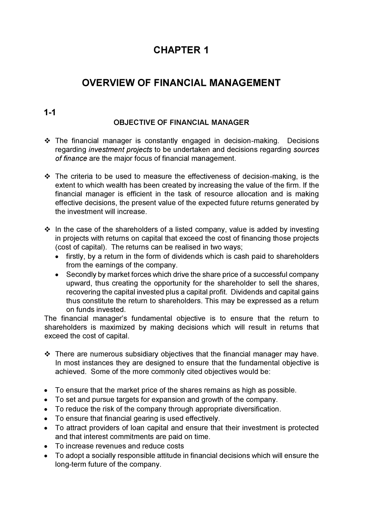 Chapter 1 Notes Introduction To Financial Management - CHAPTER 1 ...