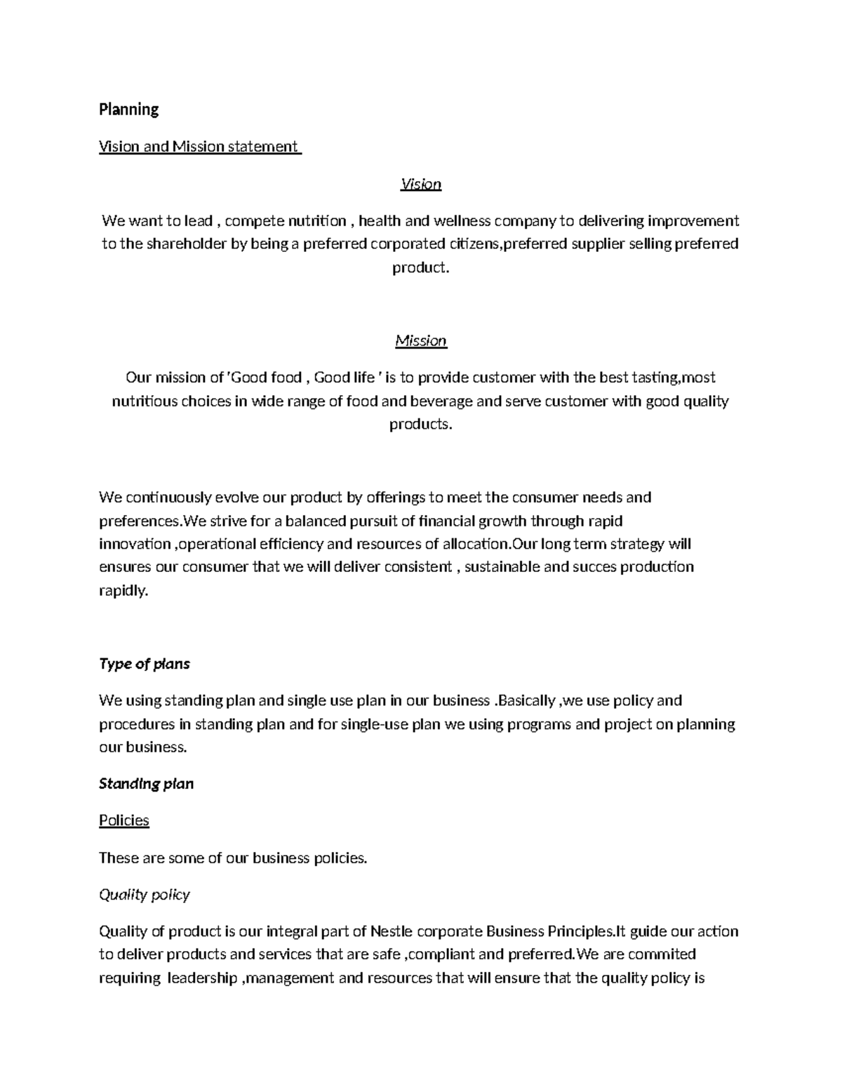 MGT Planning edited - Planning Vision and Mission statement Vision We ...