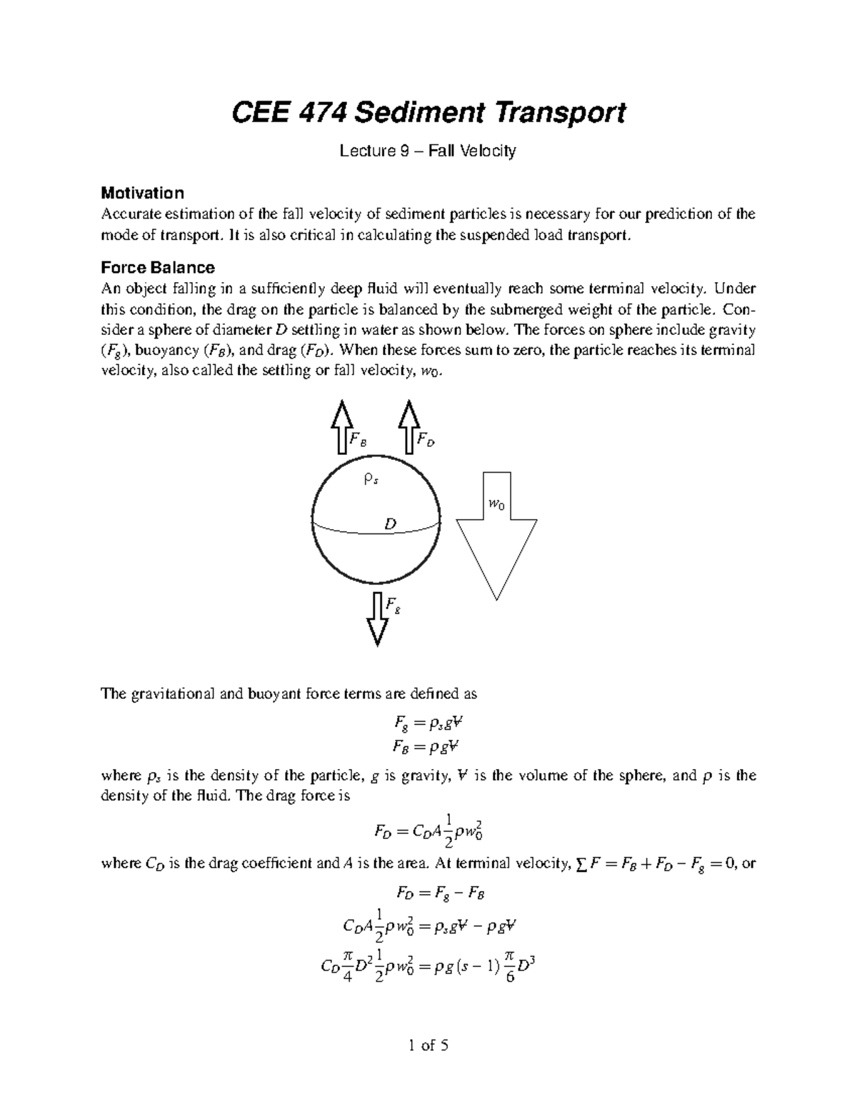 09 Fall Velocity - Lecture notes 9 - CEE 474 - UW - Studocu