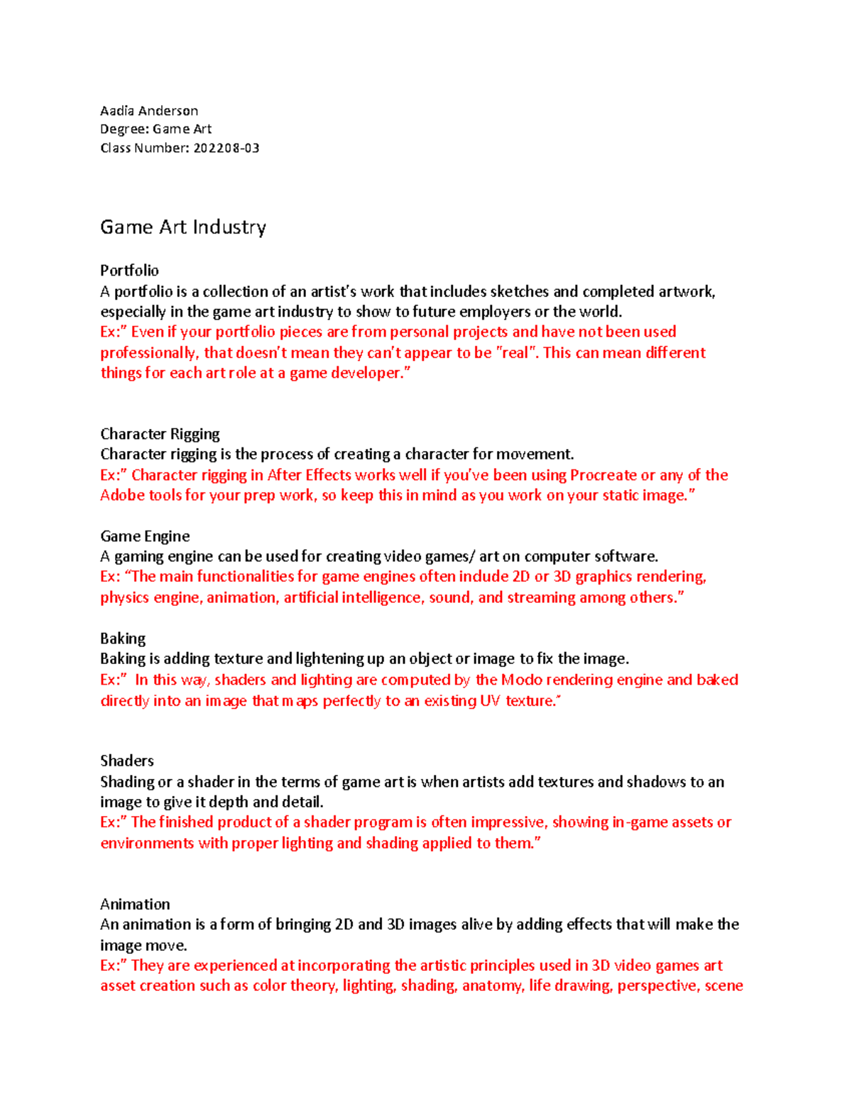Game Art Industry Terms Aadia Anderson Degree Game Art Class Number