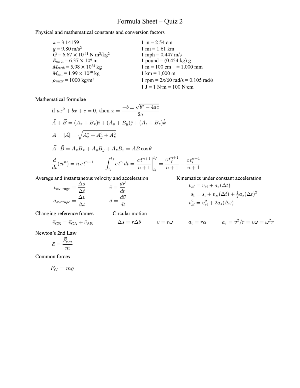 Formula Sheet Quiz 2 Formula Sheet Quiz Physical And Mathematical Constants And Studocu