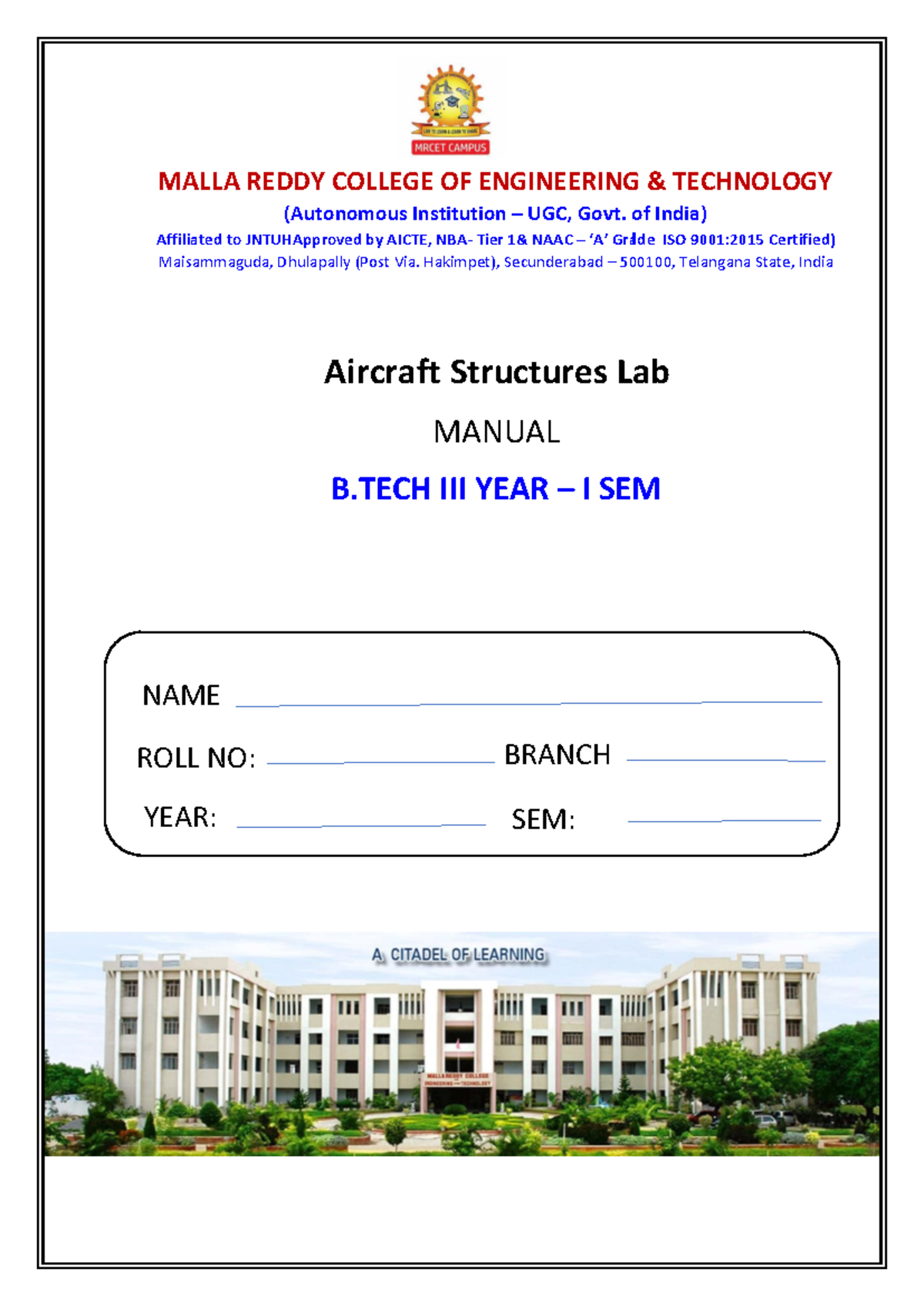 Aircraft Structures Lab - MALLA REDDY COLLEGE OF ENGINEERING ...