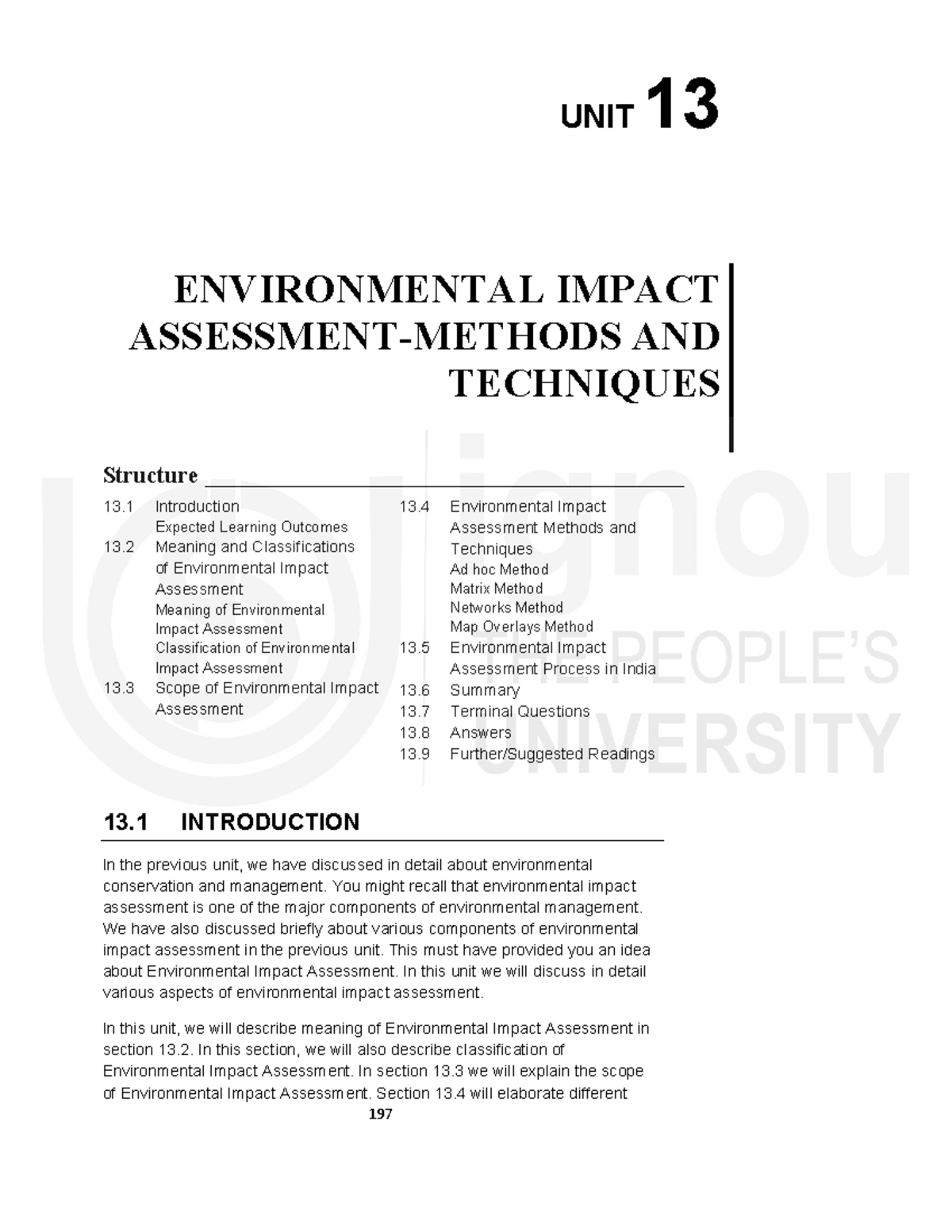 Eia Notes For Reference Unit 13 Environmental Impact Assessment Methods And Techniques