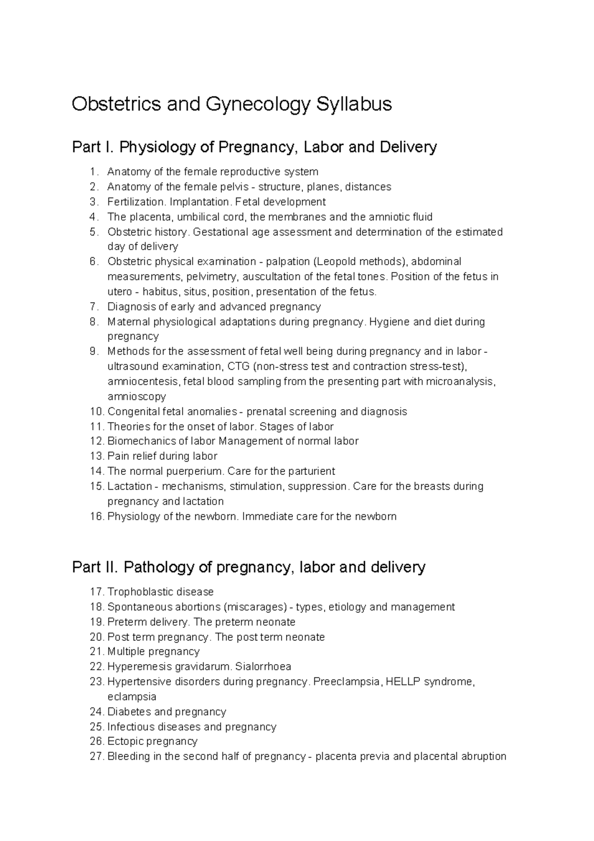 Obstetrics and Gynecology Syllabus - Physiology of Pregnancy, Labor and ...