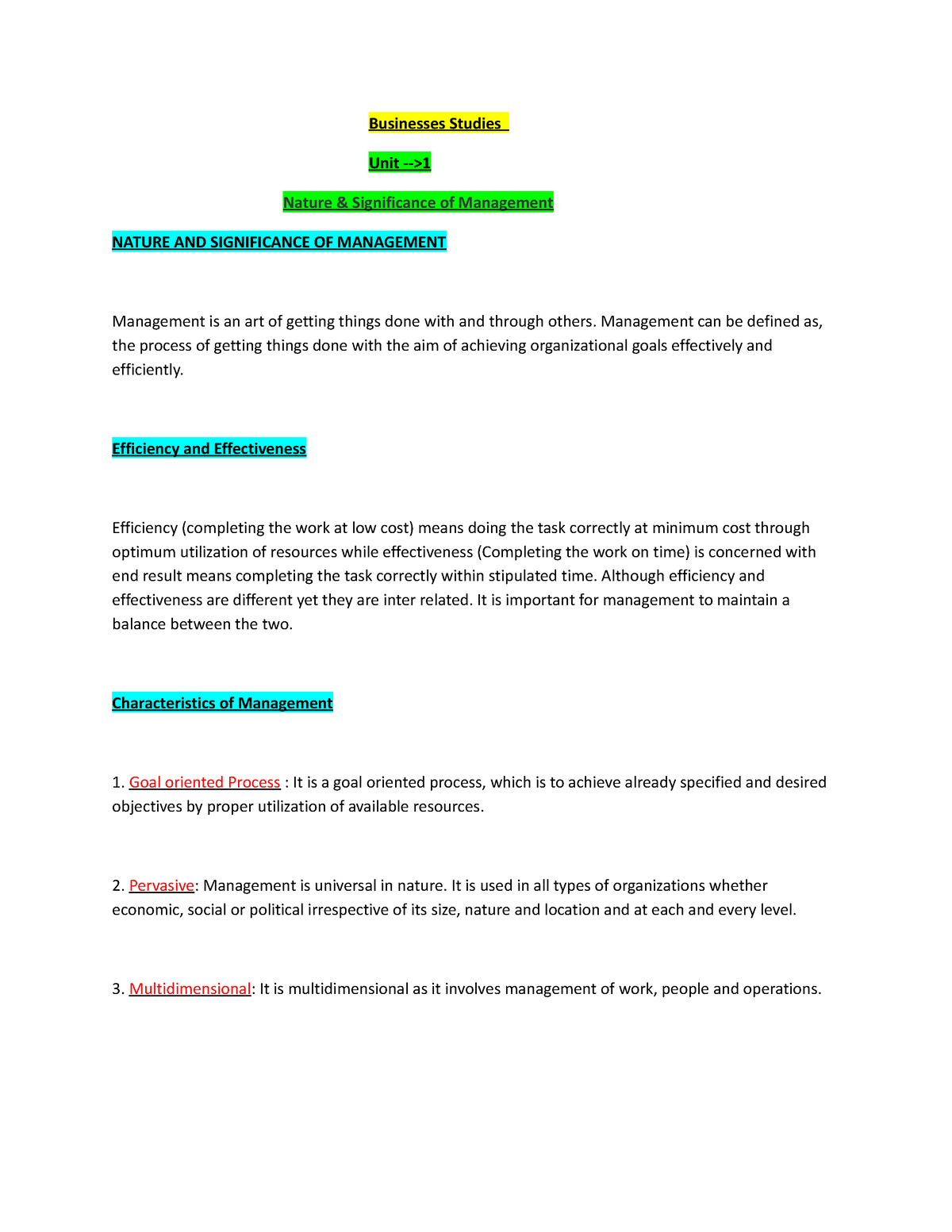 BST Chapter 1 (Notes By Arsha) - Businesses Studies Unit -> Nature ...