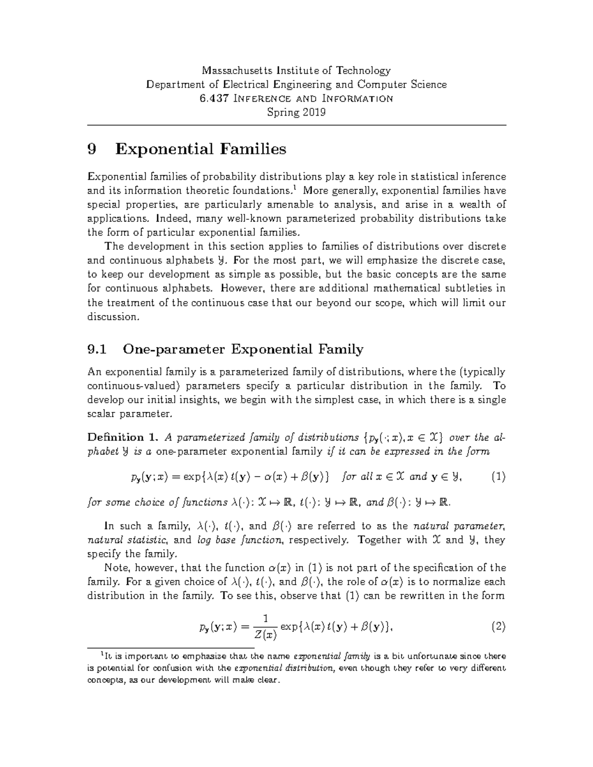 9 Exponential Families - Massachusetts Institute of Technology ...