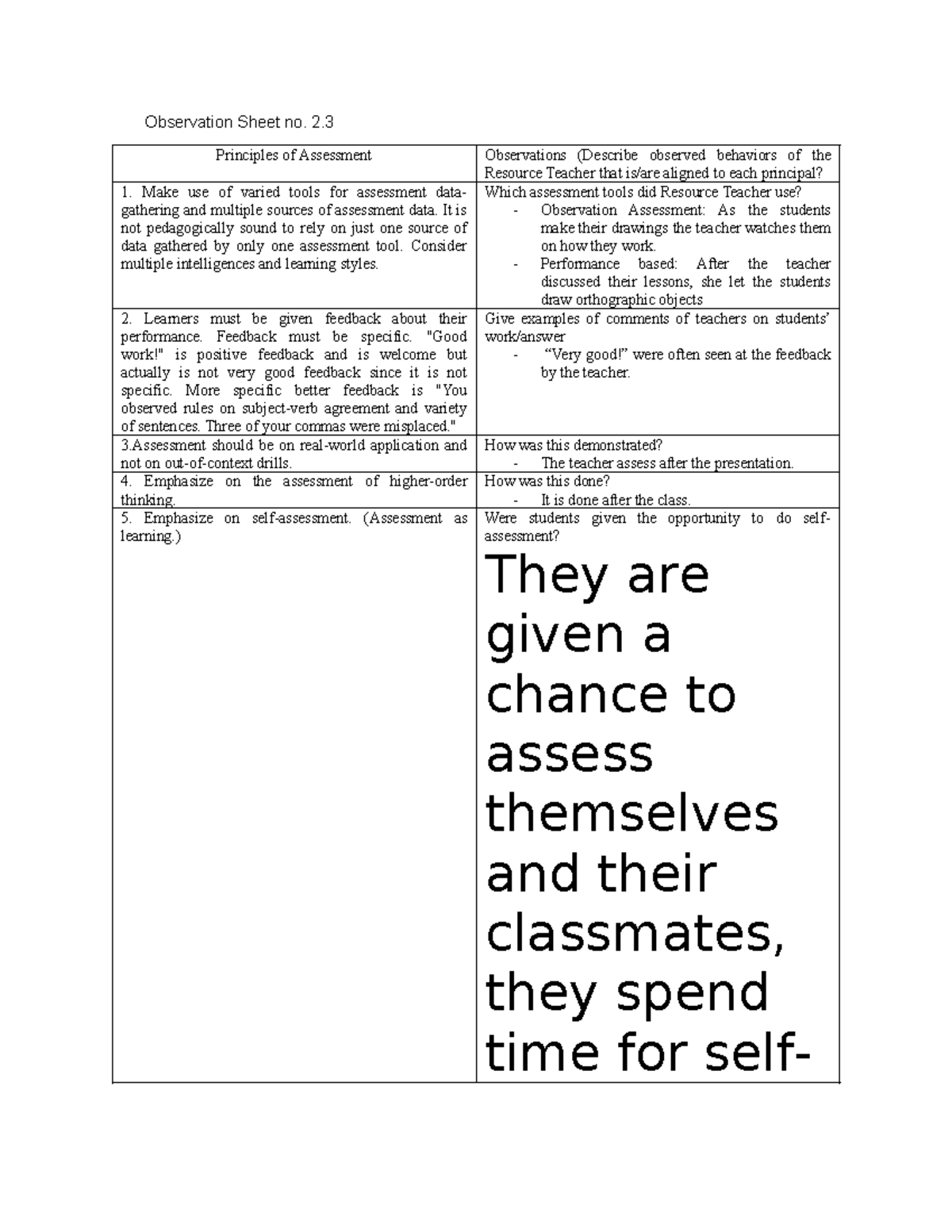 Observation Sheet n1 - 2. Principles of Assessment Observations ...