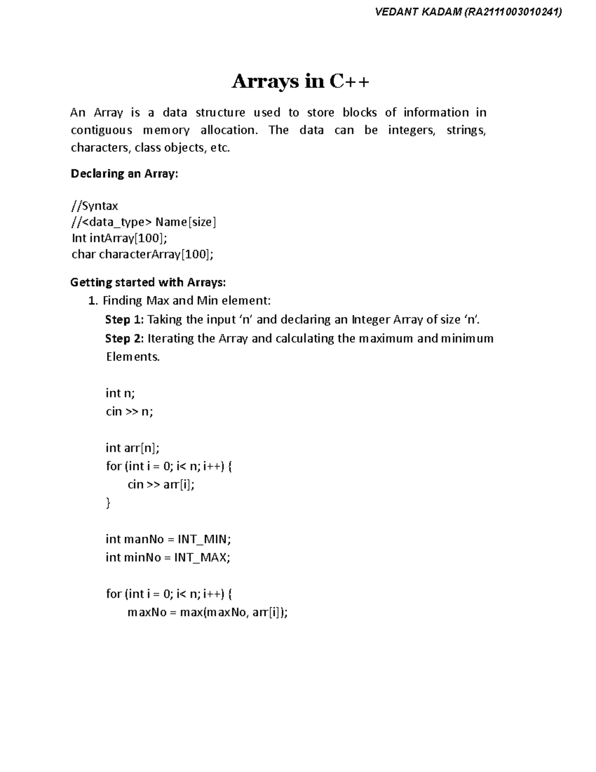 Arrays and sorting of Arrays - VEDANT KADAM (RA2111003010241) Arrays in ...