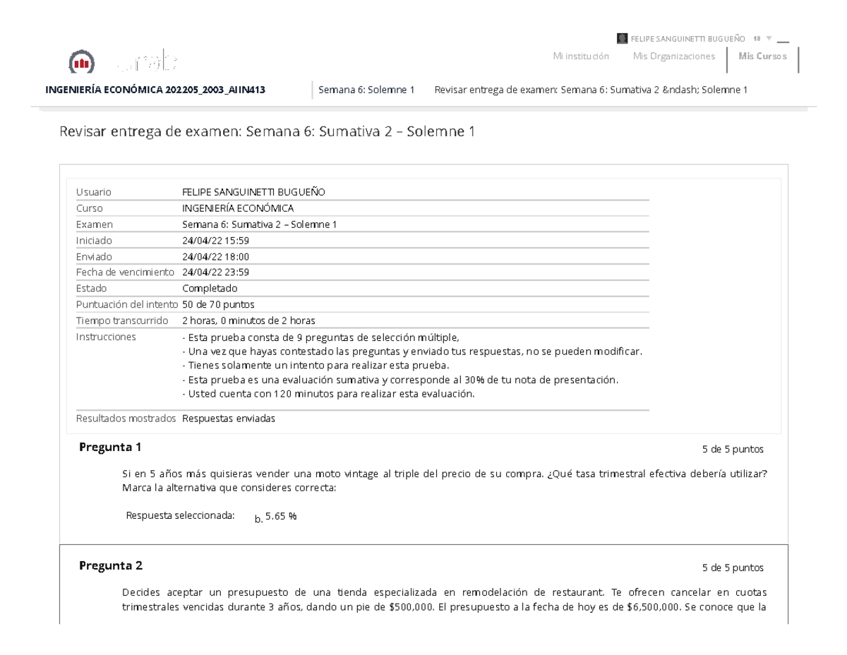 Revisar Entrega De Examen Semana 6 Sumativa 2 – - INGENIERÍA ECONÓMICA ...