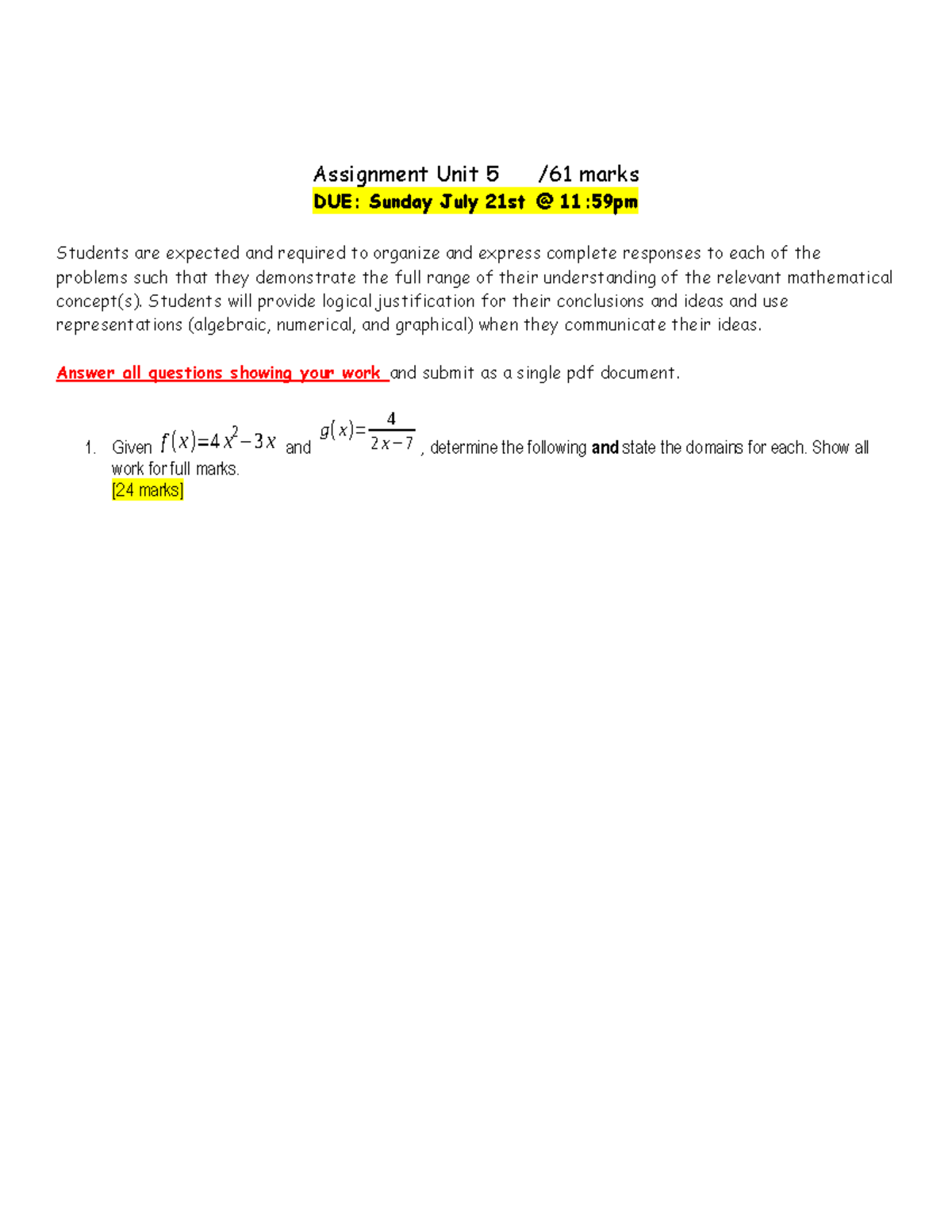 Copy of Unit 5 Assignment - Assignment Unit 5 /61 marks DUE: Sunday ...